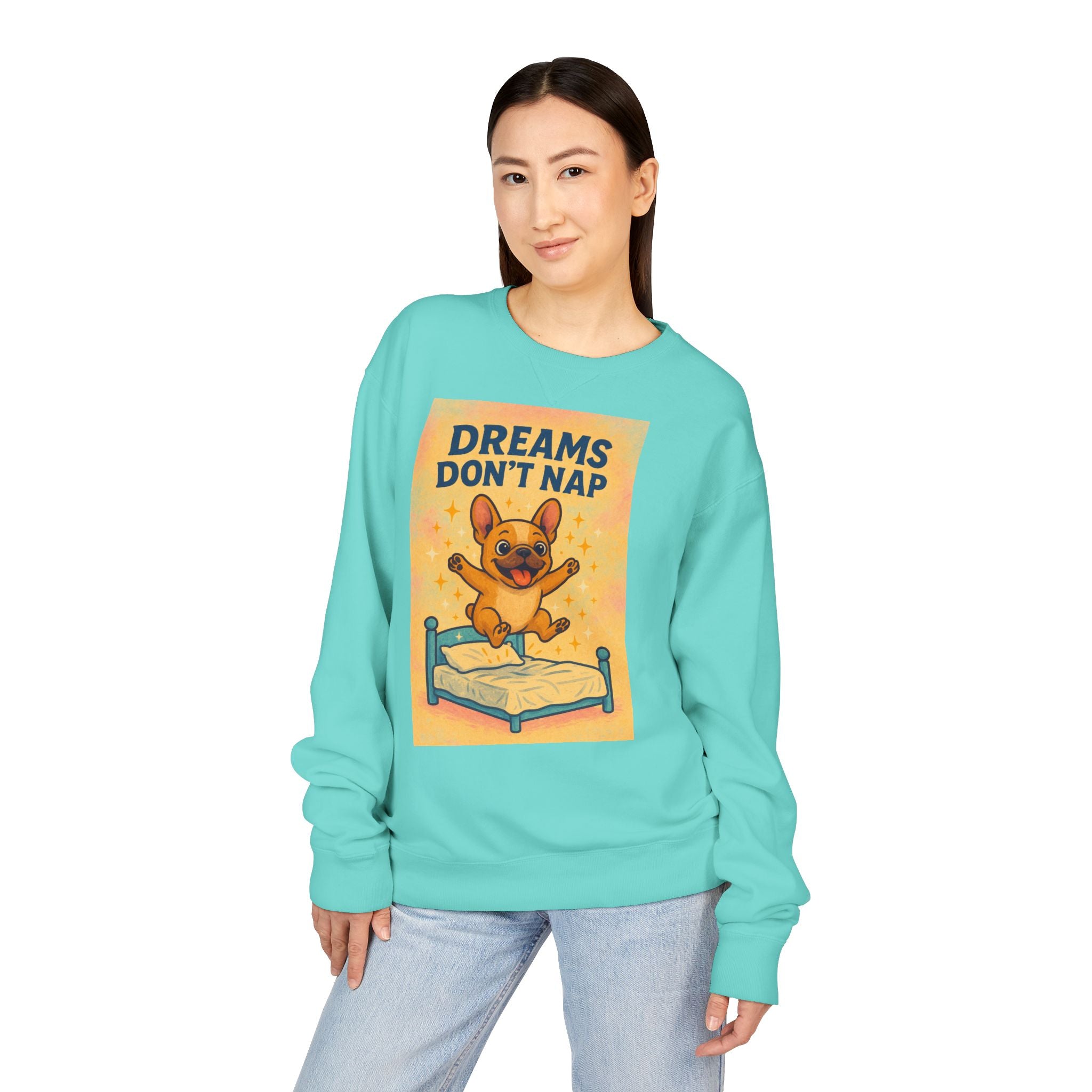 Dreams Don't Nap Sweatshirt, Cozy Crewneck, English Bulldog Lover Gift, Cute Sweatshirt, Fun Loungewear, Birthday Gift, Relaxing Homewear
