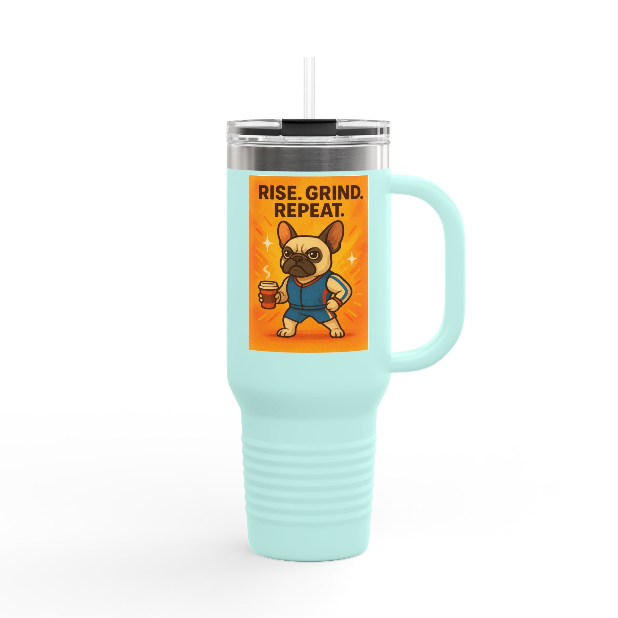 High-Energy French Bulldog Insulated Travel Mug, Fun Dog Design, Coffee Lover Gift, Motivational Mug, Perfect for Road Trips,  and Workouts