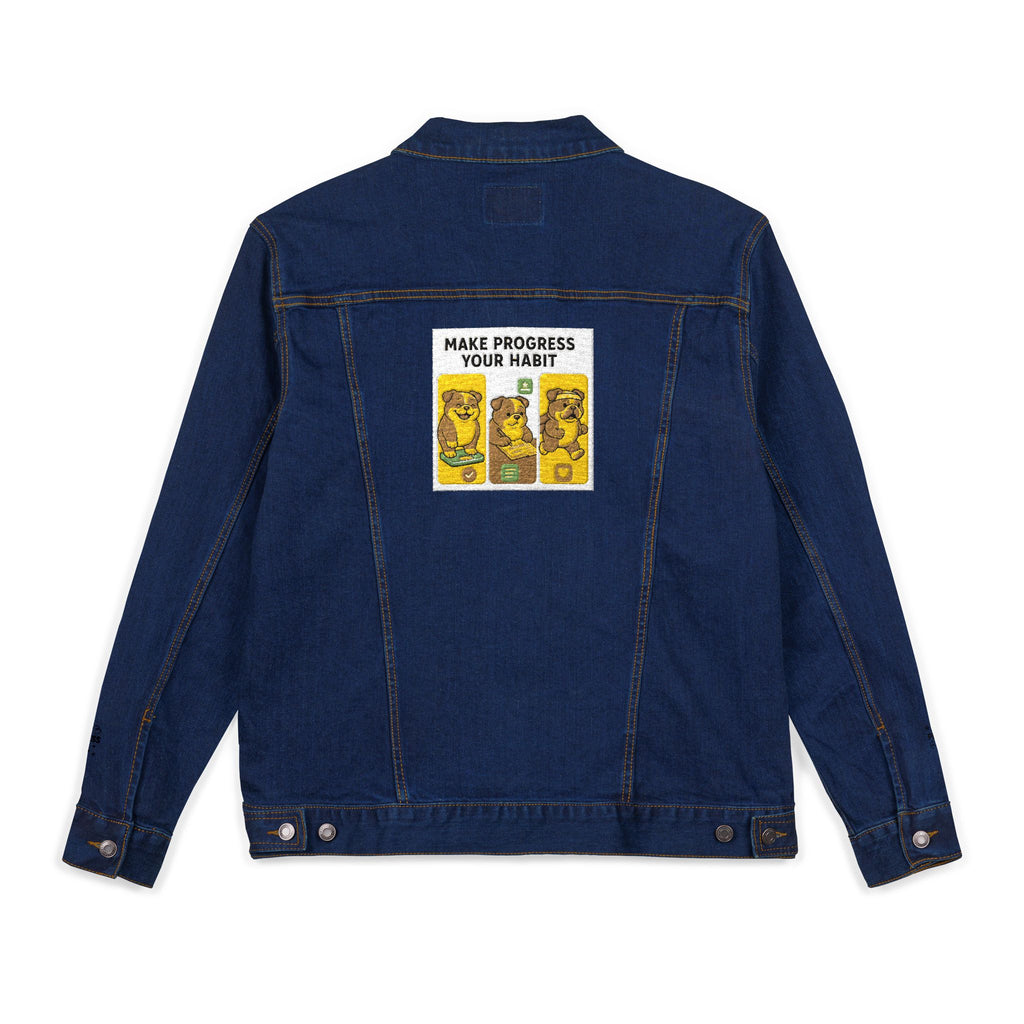 Unisex Embroidered Make Progress Your Habit Denim Jacket - Casual Streetwear, Gift for Friends, Customized Outerwear, Unique Fashion Piece, Ideal for Parties