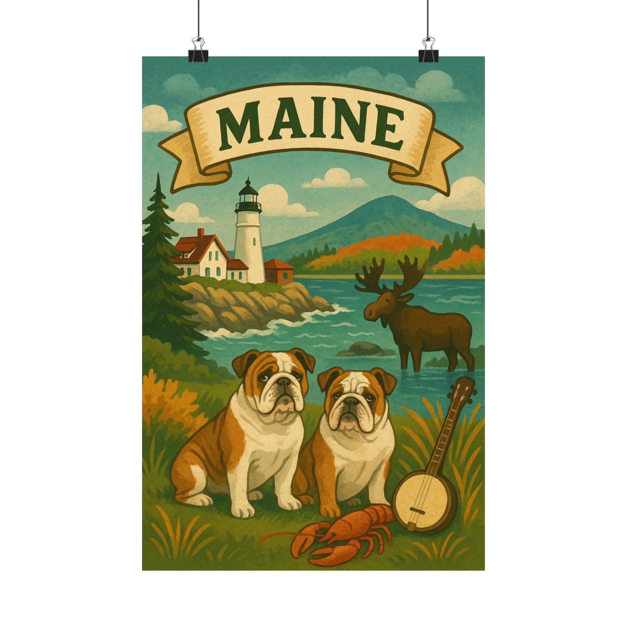 Maine Vintage Bulldog Poster, Home Decor, Wall Art, Gift for Pet Lovers, Retro Nature Art, Maine Souvenir