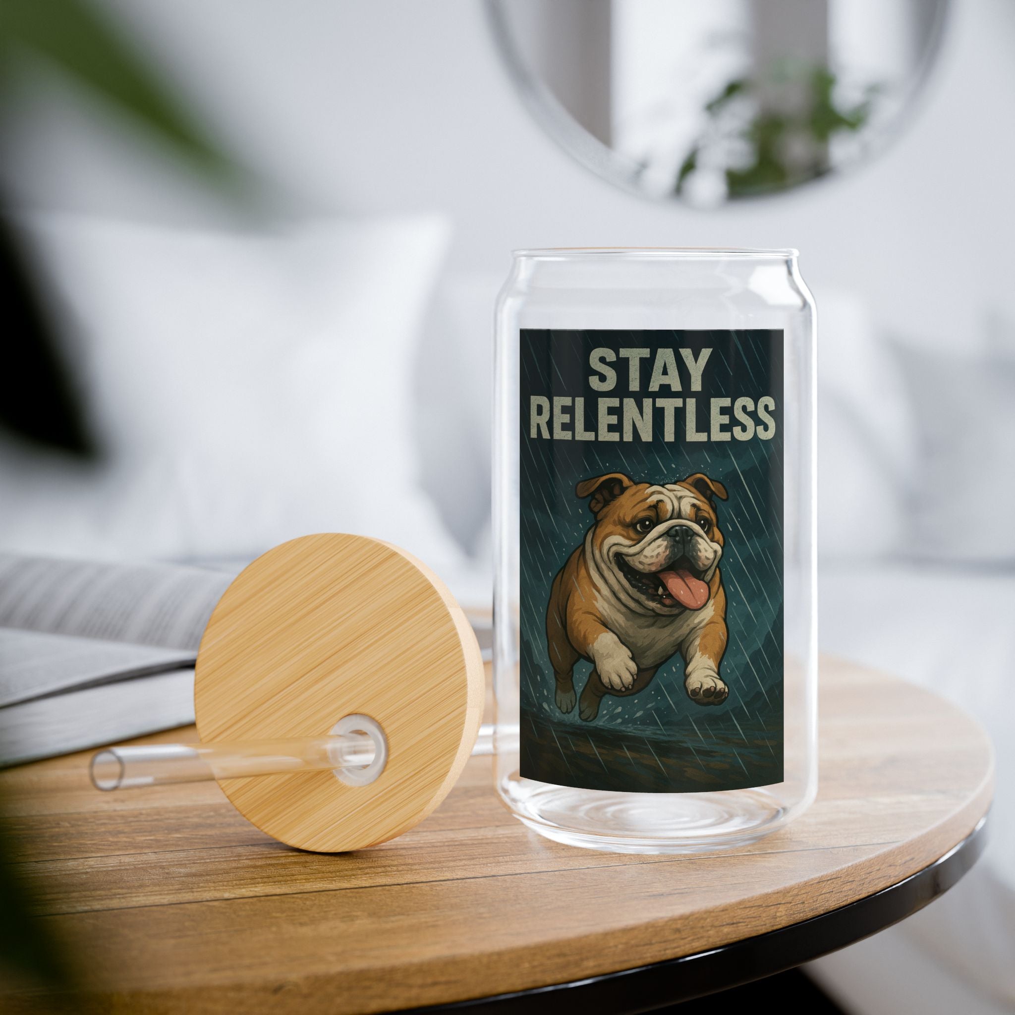 Stay Relentless Bulldog Sipper Glass 16oz Motivational Straw Tumbler