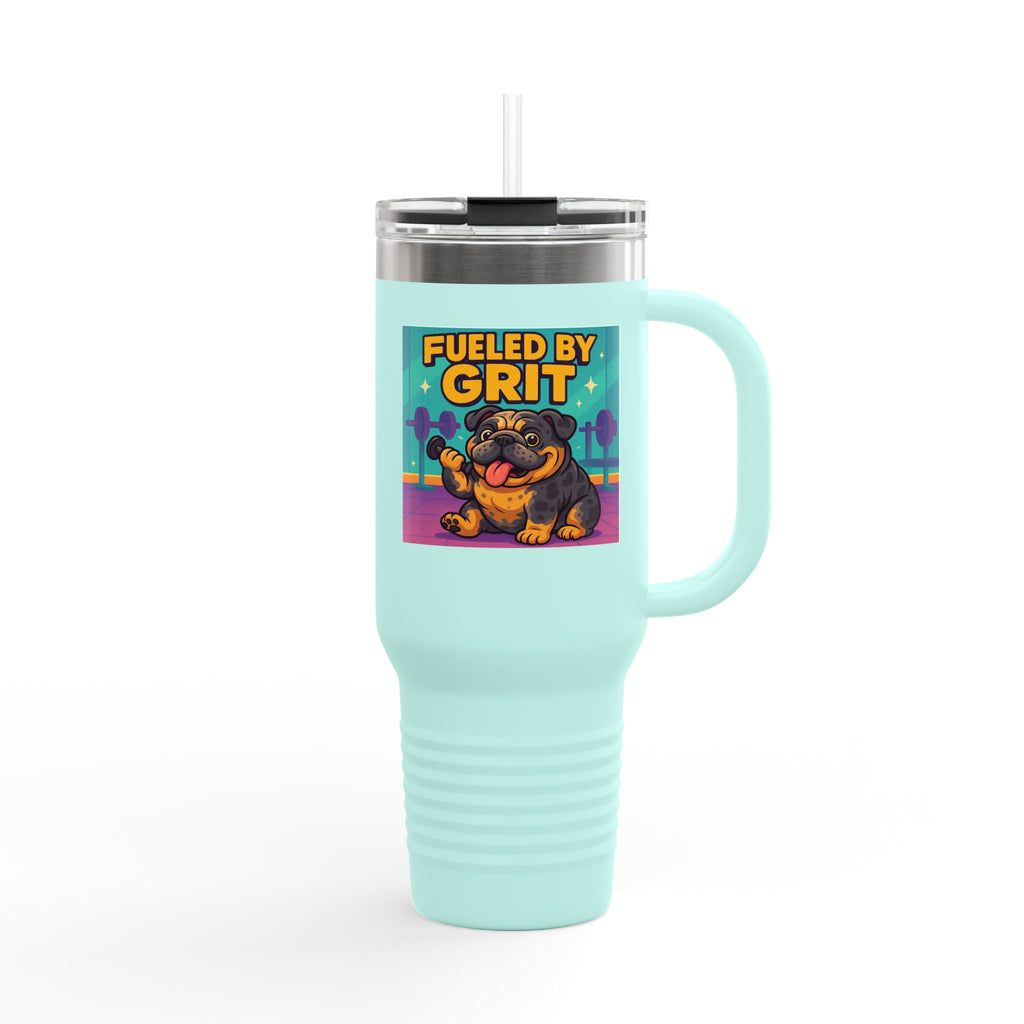English Bulldog Grit-Themed Insulated Travel Mug, Motivational Drinkware, 40oz Grit Mug, Bold Travel Mug for Adventurers, Fuel Your Day Mug