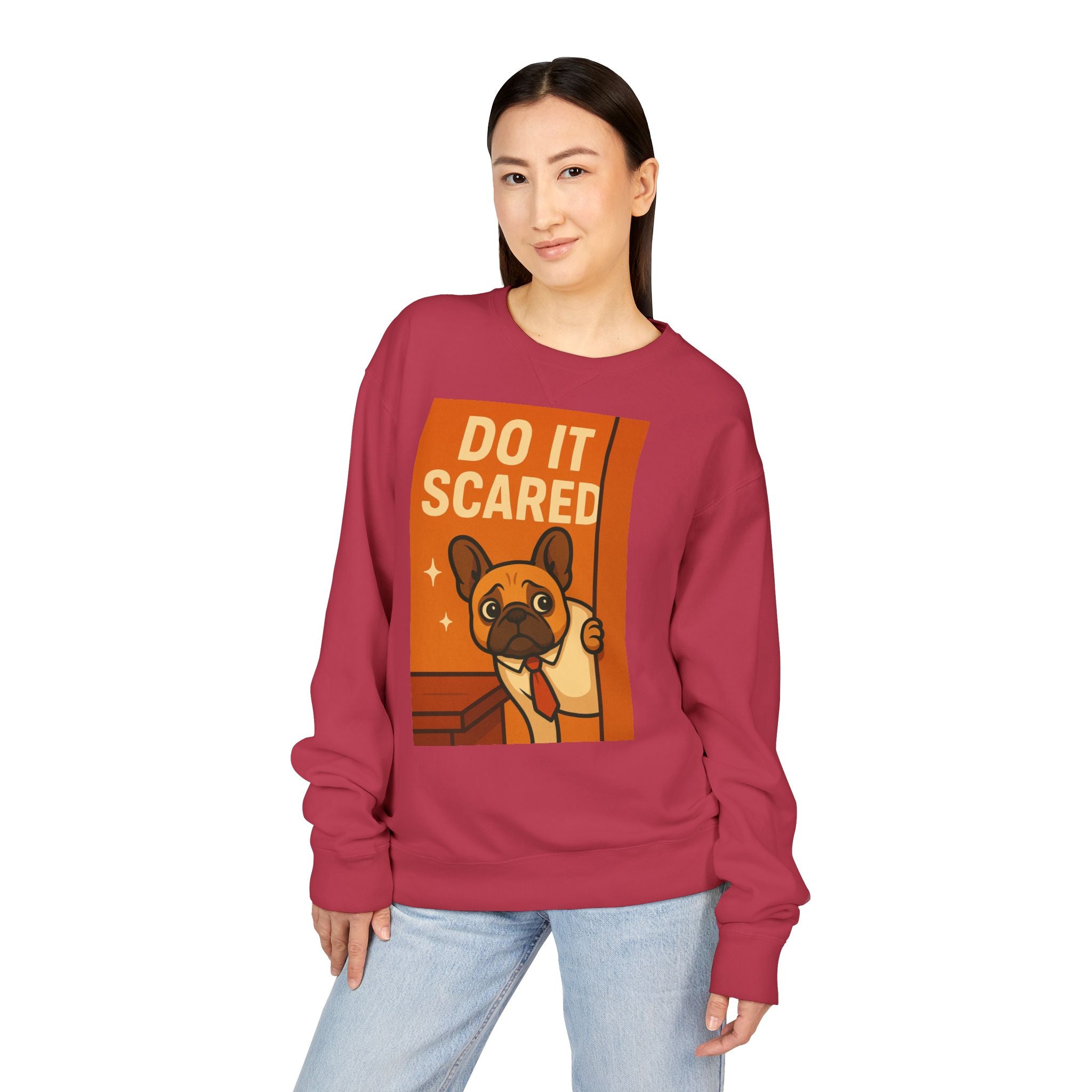 Motivational French Bulldog Sweatshirt - Do It Scared, Cozy Crewneck, Gift for Dog Lovers, Inspirational Apparel, Relaxed Fit Sweatshirt