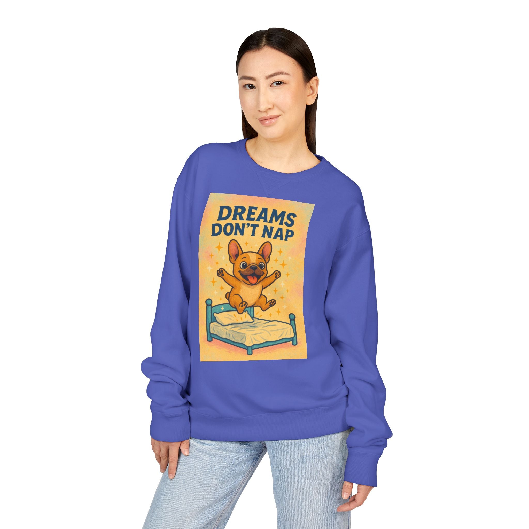 Dreams Don't Nap Sweatshirt, Cozy Crewneck, English Bulldog Lover Gift, Cute Sweatshirt, Fun Loungewear, Birthday Gift, Relaxing Homewear