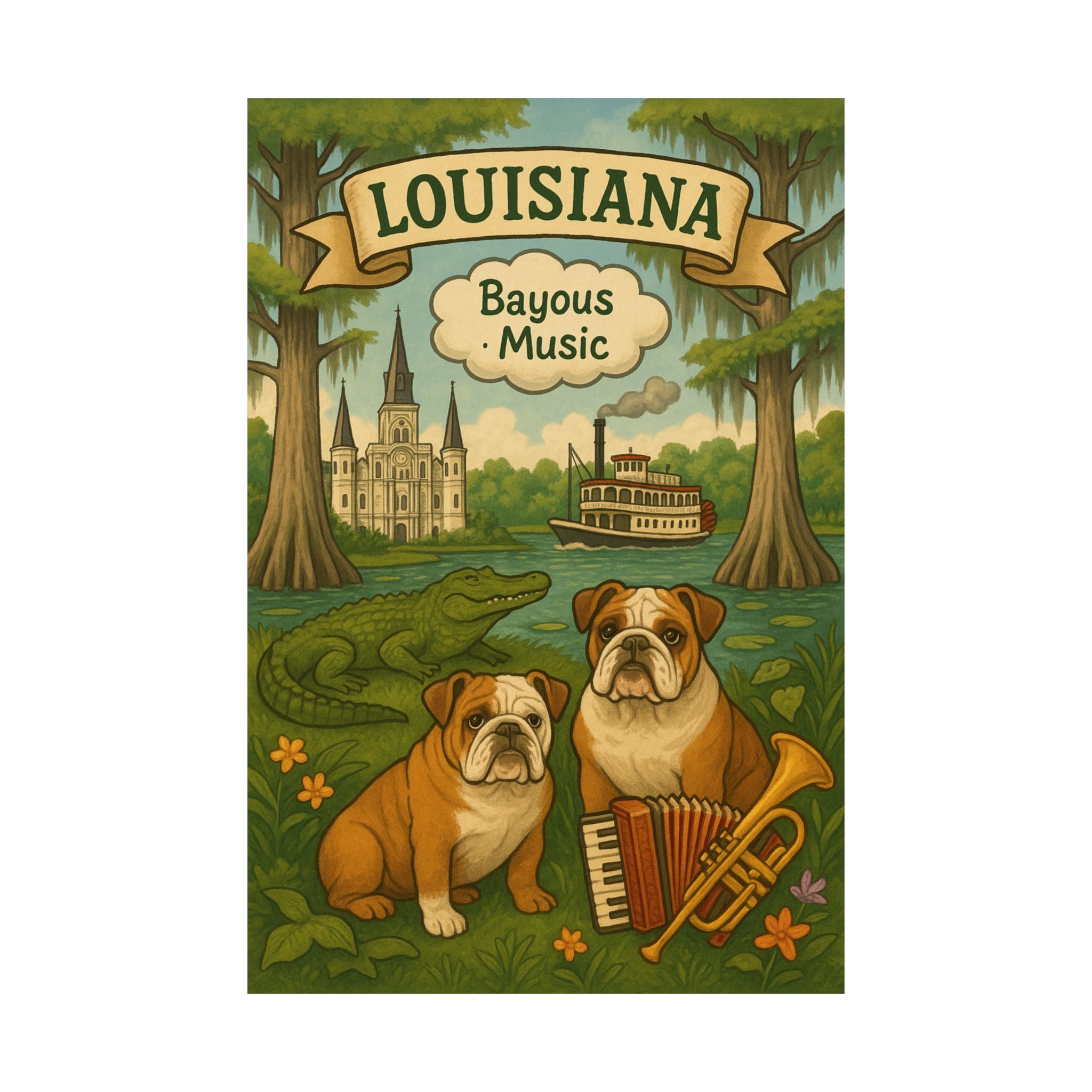 Louisiana Bayou Poster, Vintage Art Print, Bulldog Decor, Unique Wall Art, Gift for Dog Lovers, Louisiana Home Decor