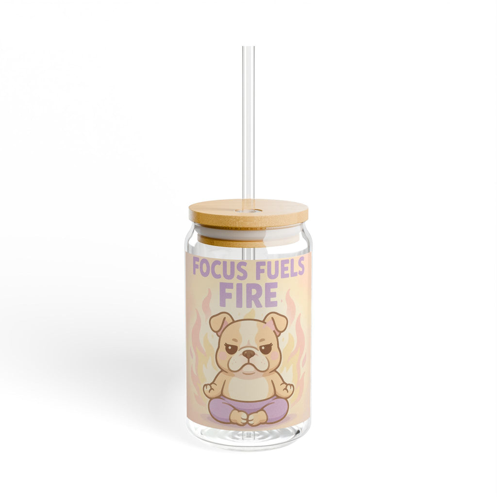 Meditating Bulldog 16oz Glass Sipper "Focus Fuels Fire" Motivational Drinkware