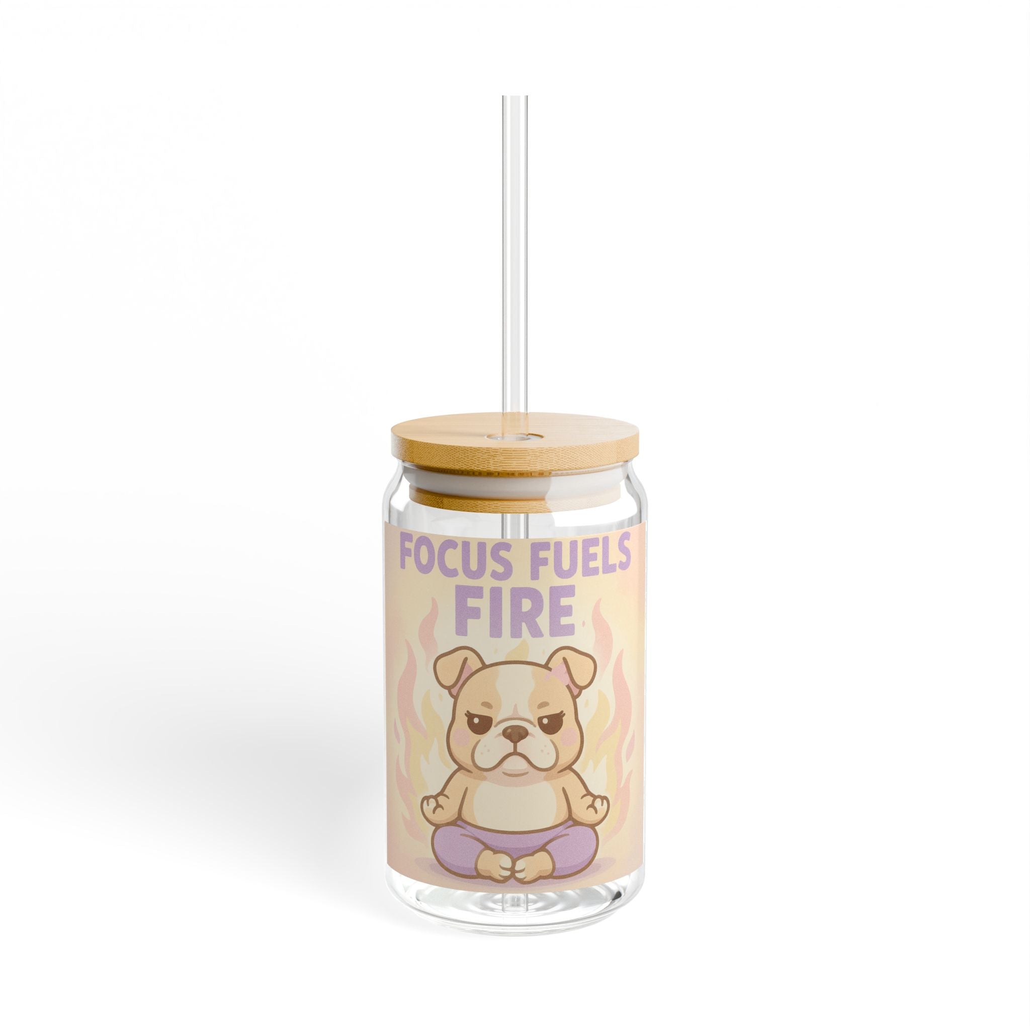 Meditating Bulldog 16oz Glass Sipper "Focus Fuels Fire" Motivational Drinkware