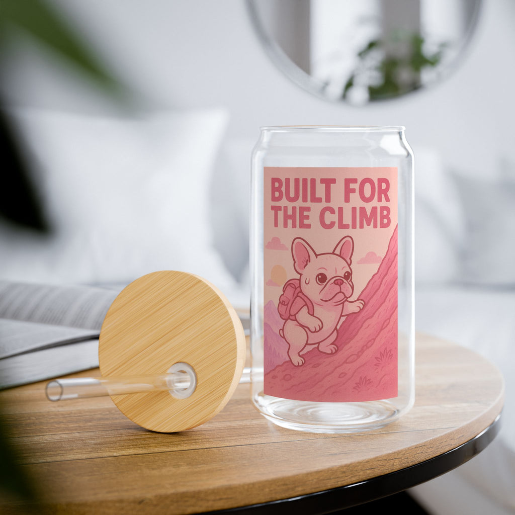 Built For The Climb 16oz Sipper Glass Cute Climbing French Bulldog Design