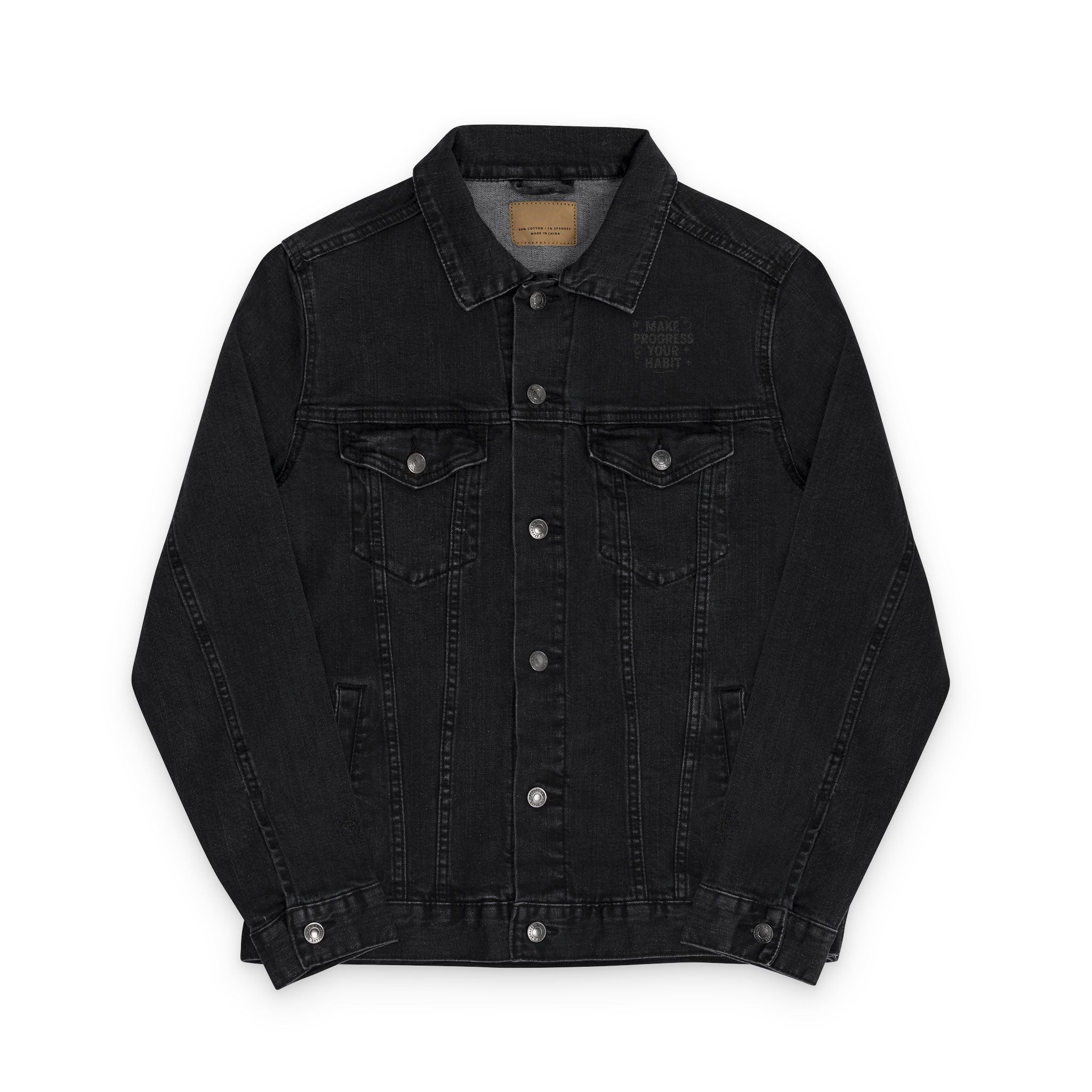 Unisex Embroidered Make Progress Your Habit Denim Jacket - Casual Streetwear, Gift for Friends, Customized Outerwear, Unique Fashion Piece, Ideal for Parties