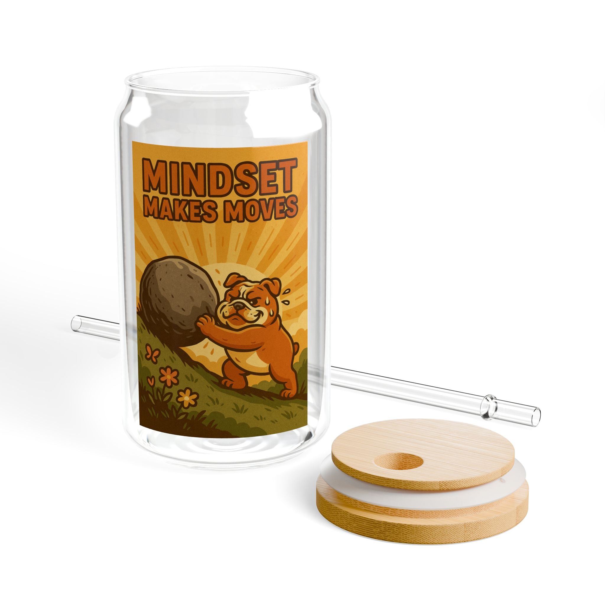 Motivational Sipper Glass - "Mindset Makes Moves" Retro Bear 16oz