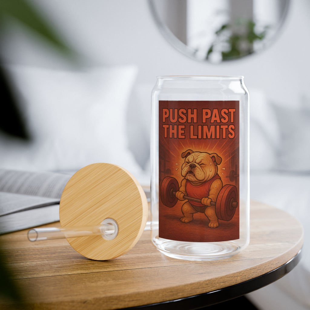 Sipper Glass - Motivational 'Push Past The Limits' Bulldog Weightlifting Design, 16oz