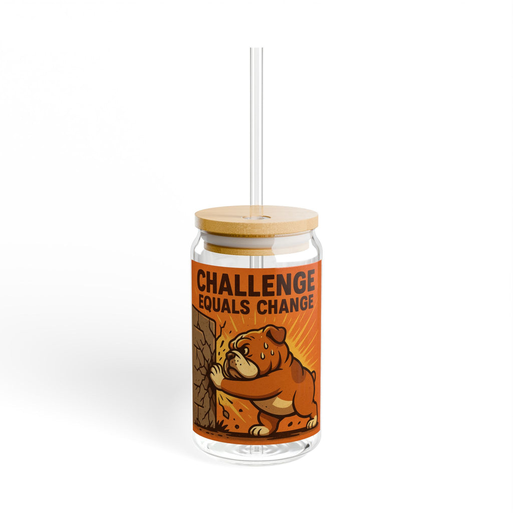 Challenge Equals Change Sipper Glass – Motivational 16oz Drink Jar with Bear Design