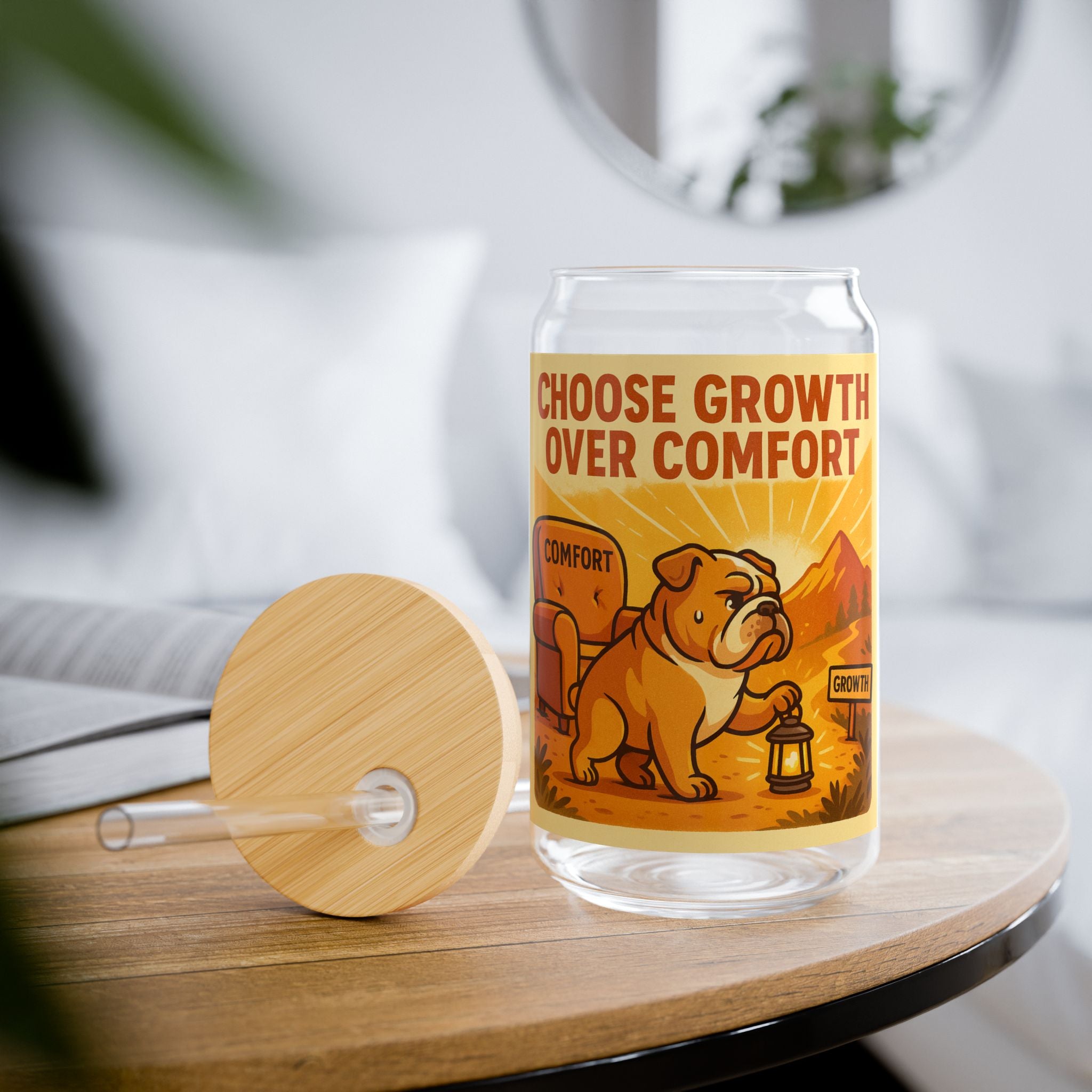 Choose Growth Over Comfort Sipper Glass 16oz Motivational Drink Jar with Straw