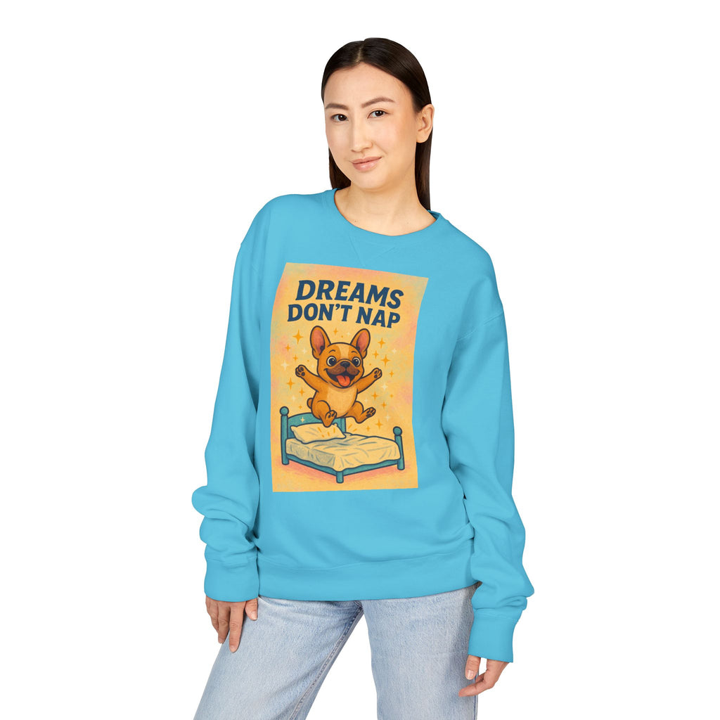 Dreams Don't Nap Sweatshirt, Cozy Crewneck, English Bulldog Lover Gift, Cute Sweatshirt, Fun Loungewear, Birthday Gift, Relaxing Homewear