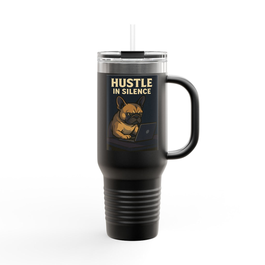 Hustle in Silence Insulated Travel Mug, 40oz - Bulldog Coffee Traveler, Dog Lover Gift,Office Mug, Inspirational Water Bottle, Motivational