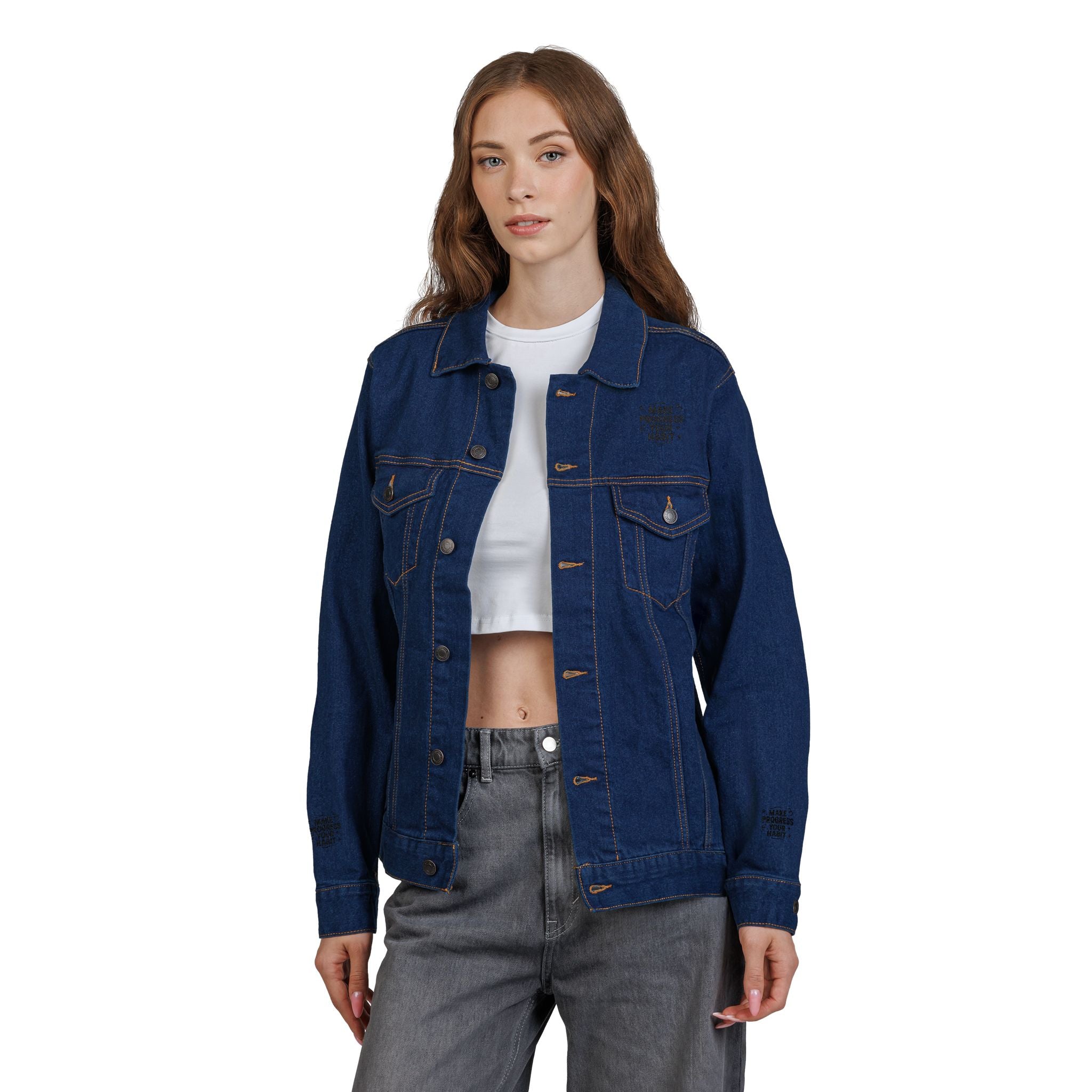Unisex Embroidered Make Progress Your Habit Denim Jacket - Casual Streetwear, Gift for Friends, Customized Outerwear, Unique Fashion Piece, Ideal for Parties