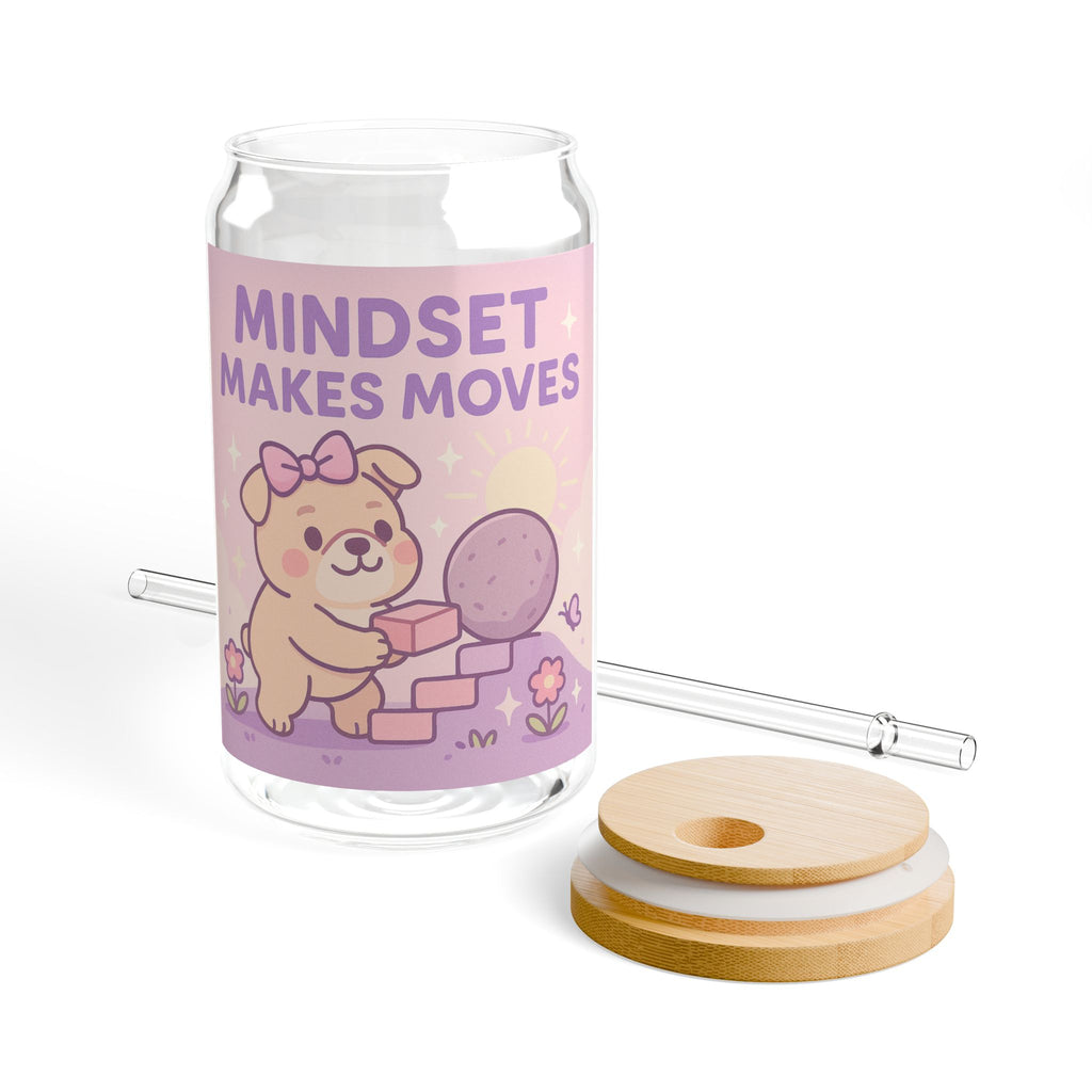 Mindset Makes Moves Glass Sipper  16oz Cute Motivational Drink Jar