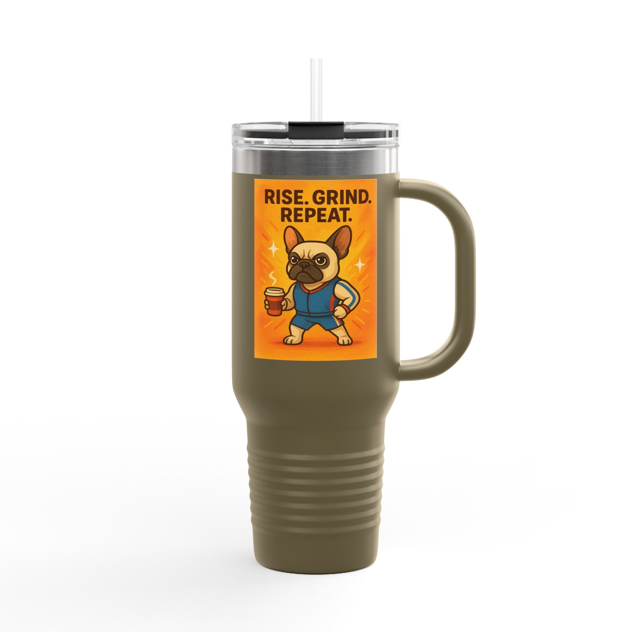 High-Energy French Bulldog Insulated Travel Mug, Fun Dog Design, Coffee Lover Gift, Motivational Mug, Perfect for Road Trips,  and Workouts