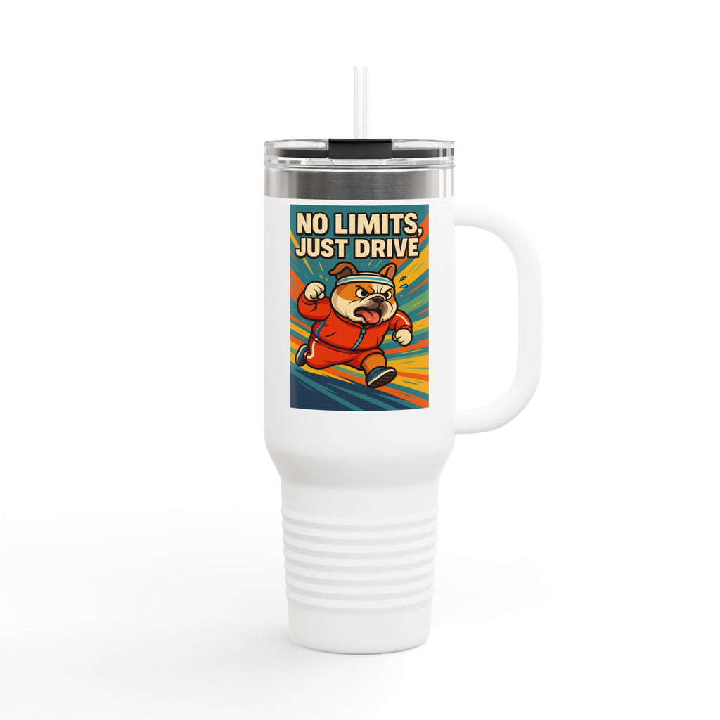 Adventure-Ready English Bulldog Insulated Travel Mug-Perfect for Travel, Outdoor Activities, Motivational Gift, No Limits Just Drive Design