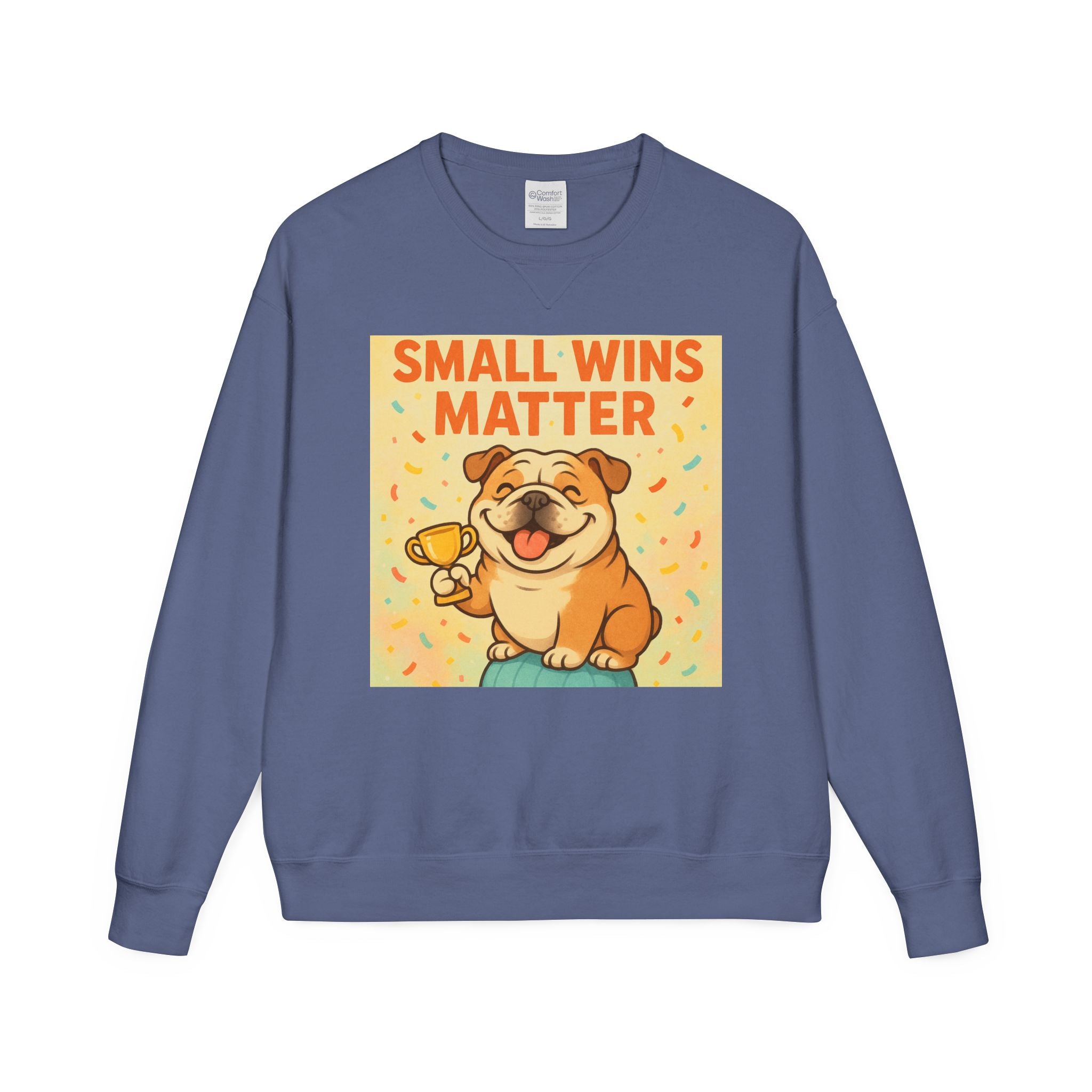 Celebrate Small Wins Sweatshirt, Cozy Crewneck Top for English Bulldog Lovers, Inspirational, Motivational Apparel, Ideal for Casual Days