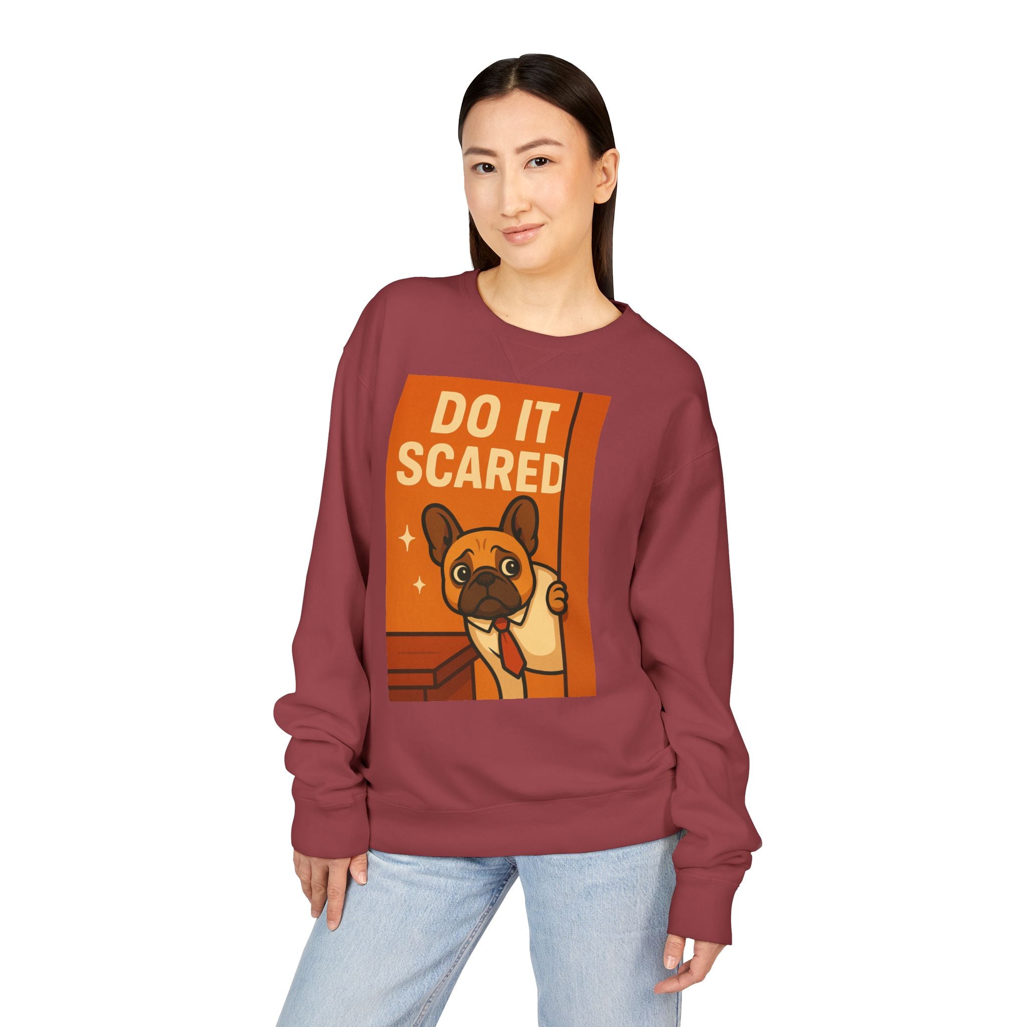 Motivational French Bulldog Sweatshirt - Do It Scared, Cozy Crewneck, Gift for Dog Lovers, Inspirational Apparel, Relaxed Fit Sweatshirt