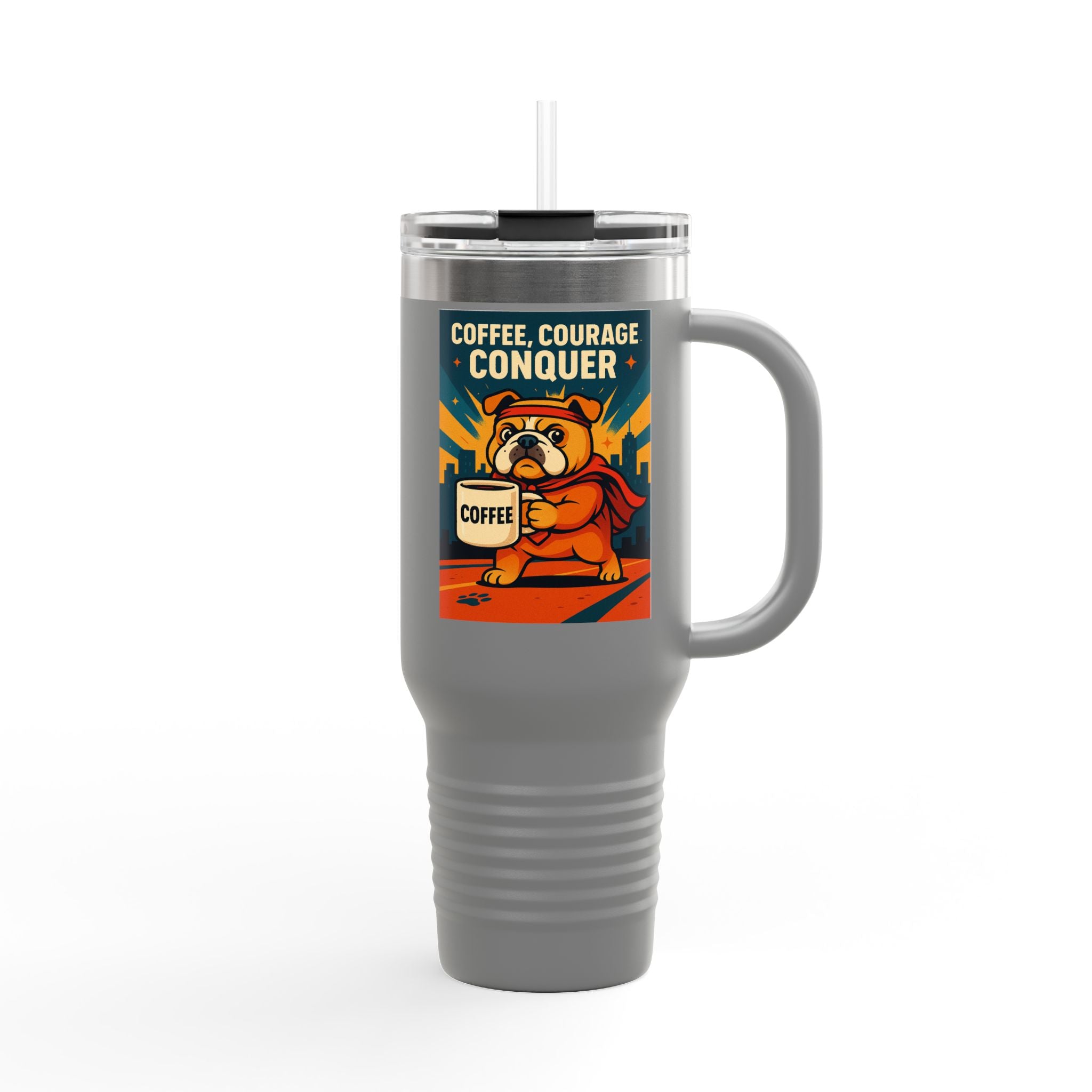 Superhero English Bulldog, Insulated Travel Tumbler, 40oz Mug, Gift for Coffee Lovers, Adventure Travel Cup, Funny Pet Lover Cup