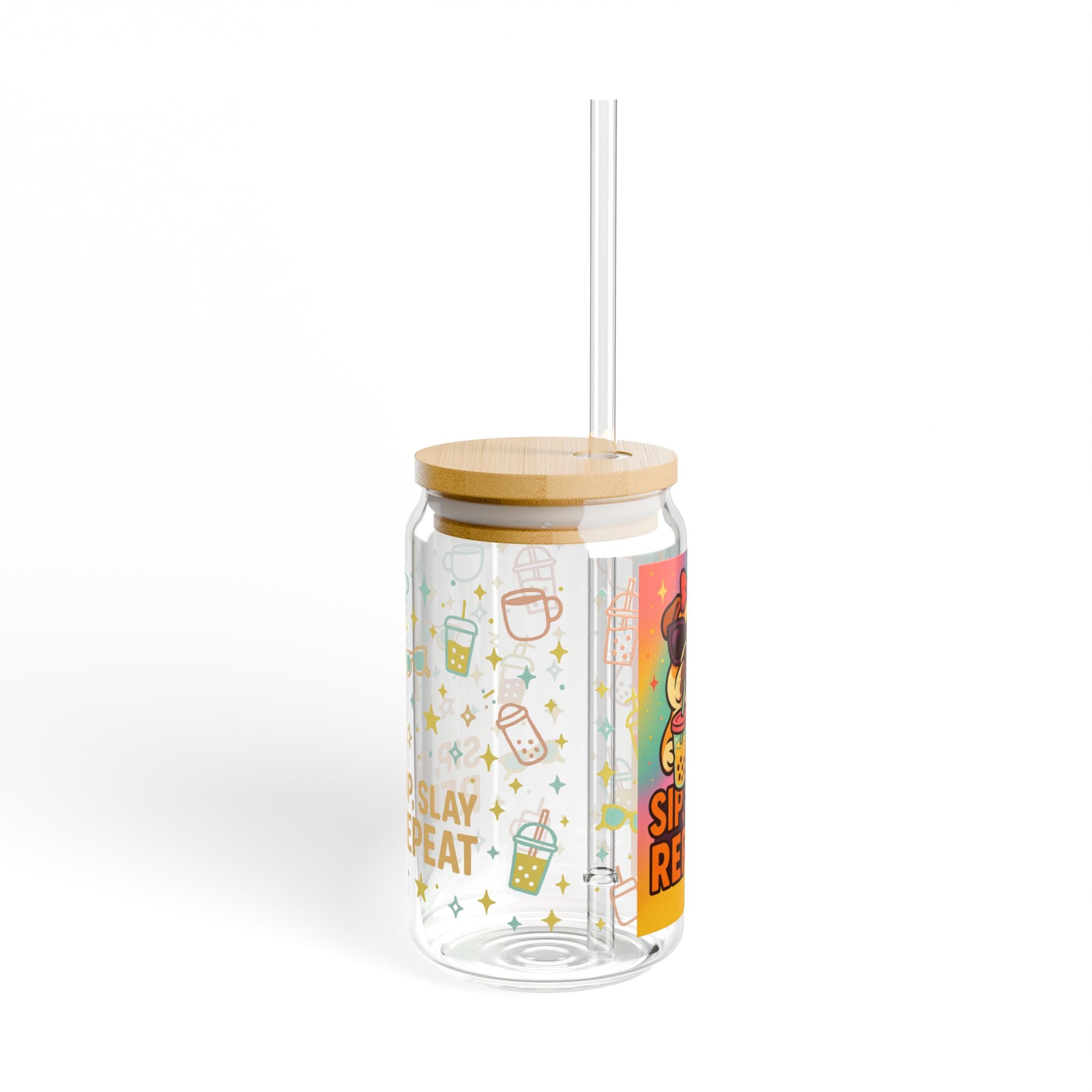 Colorful Bulldog Sipper Glass with Straw, Sip.Slay. Repeat, Gifts, Eco-Friendly Drinkware, Sip Slay Repeat Design, Reusable Cup