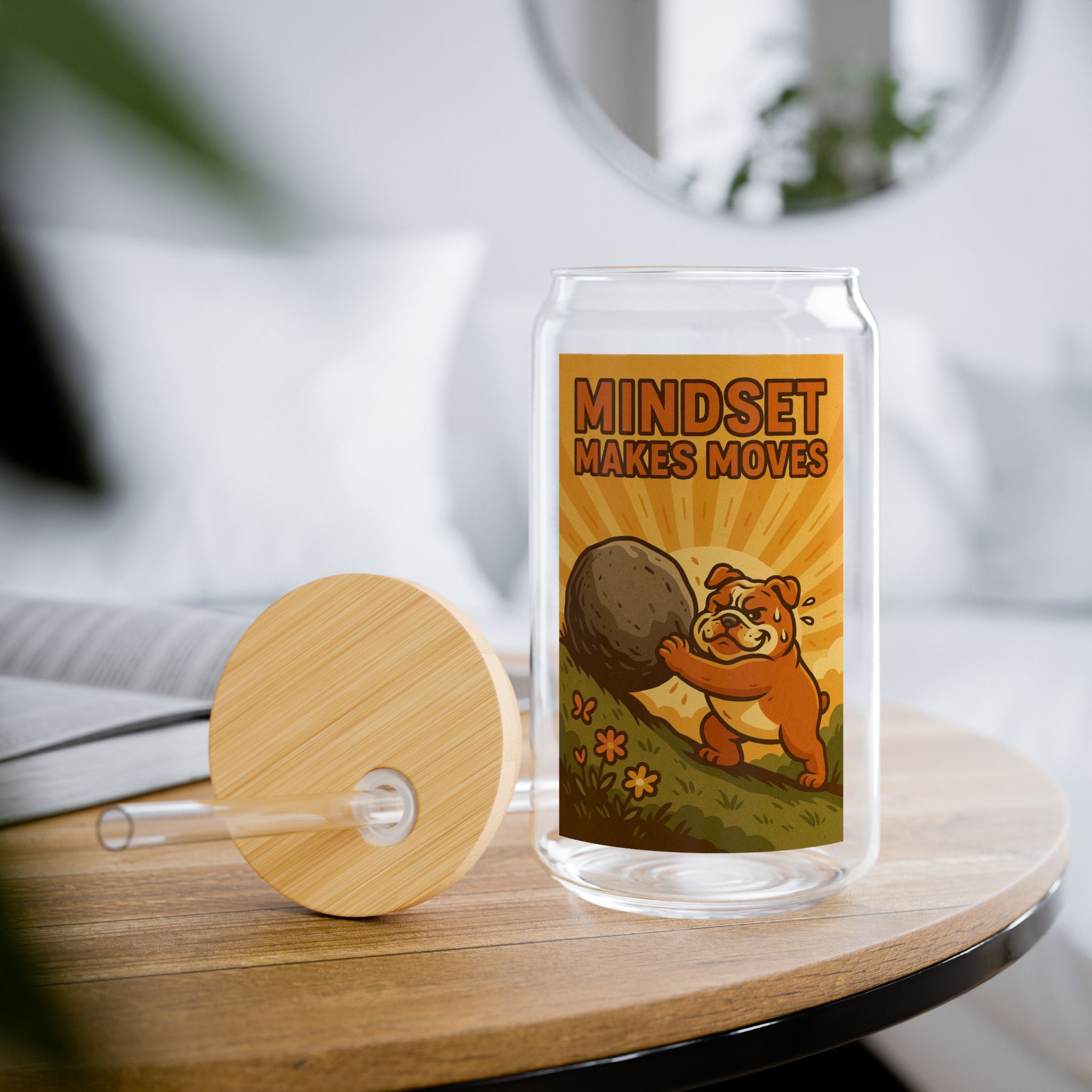 Motivational Sipper Glass - "Mindset Makes Moves" Retro Bear 16oz