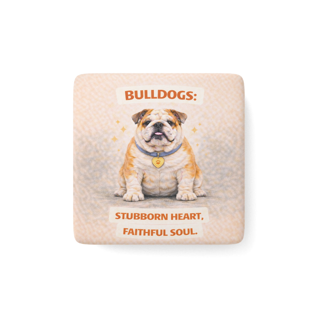 Bulldog Illustration Square Porcelain Magnet | Stubborn Heart Faithful Soul