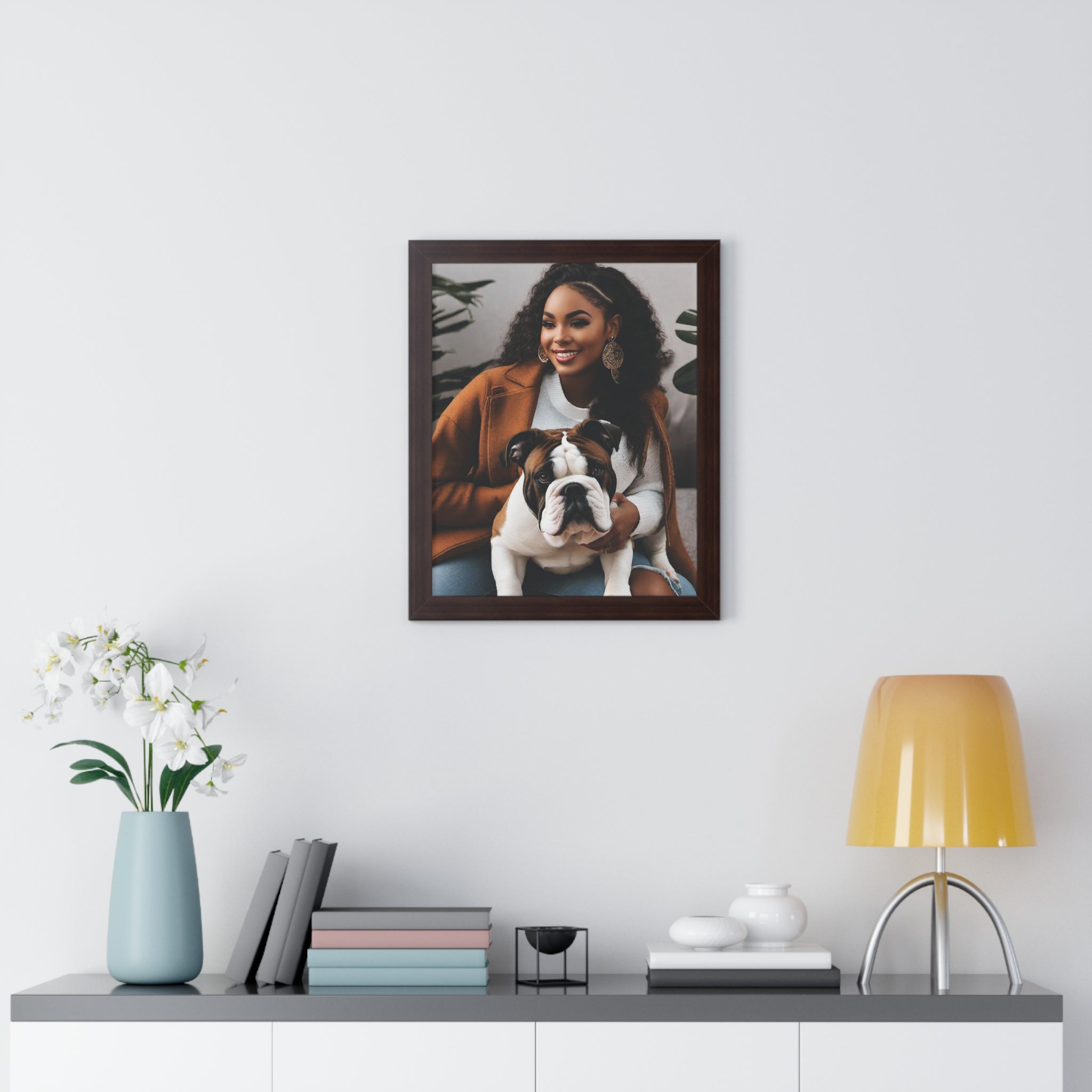 English Bulldog With His Beautiful Owner, Couch Potato, Cute Bulldog, Bulldog Lover, Framed Vertical Poster