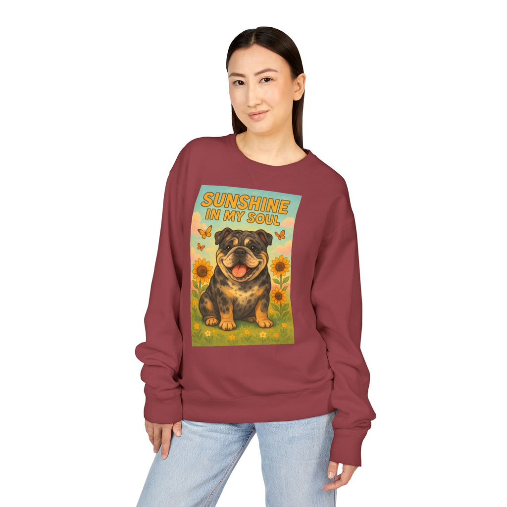 Sunshine in My Soul Sweatshirt, Cozy Unisex Crewneck, English Bulldog Lover Gift, Cute Pet Apparel, Vintage Floral Sweatshirt