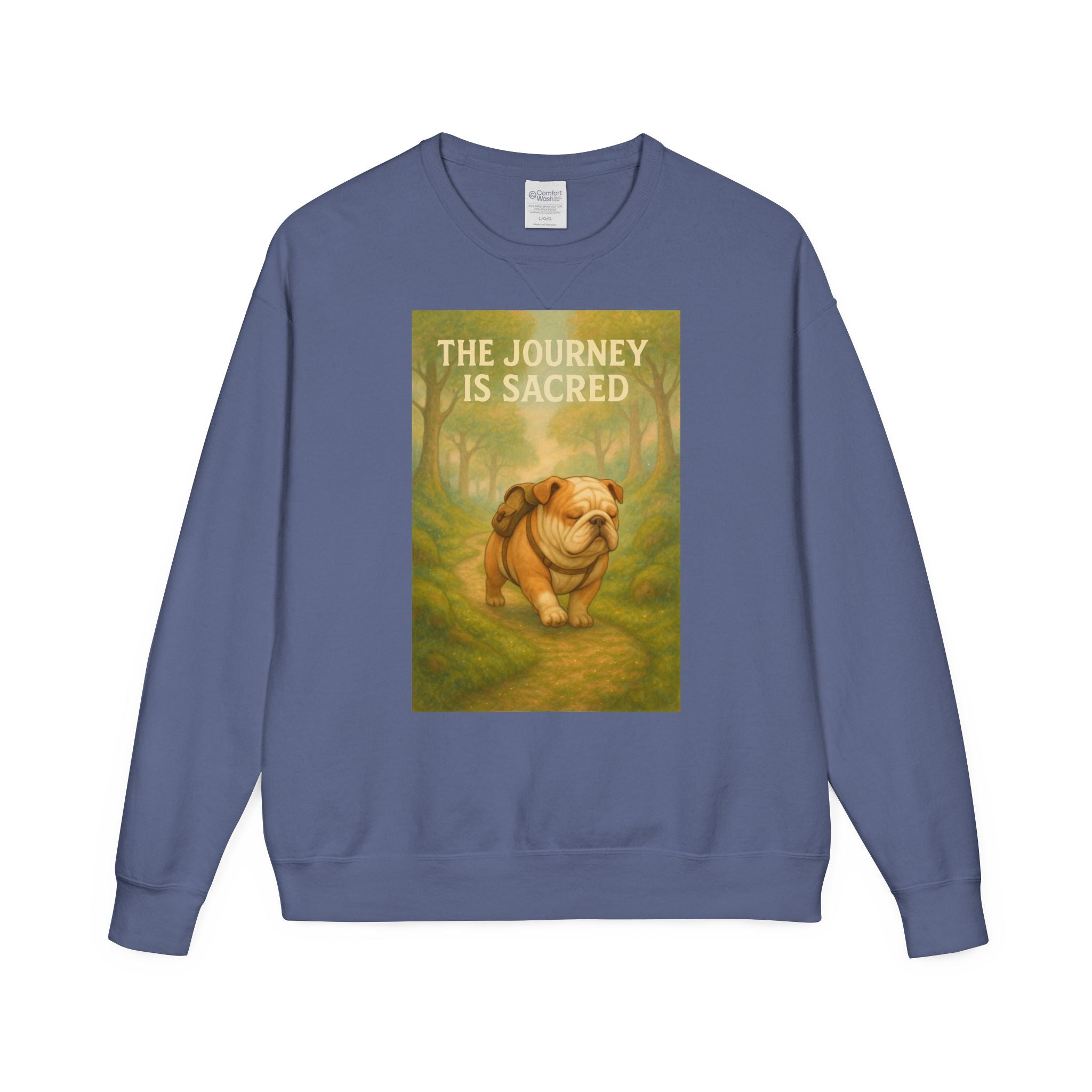 Journey is Sacred English Bulldog Sweatshirt, Unisex ComfortWash Crewneck, Cozy Dog Lover Gift, Nature Theme Apparel, Dog Owner Sweatshirt