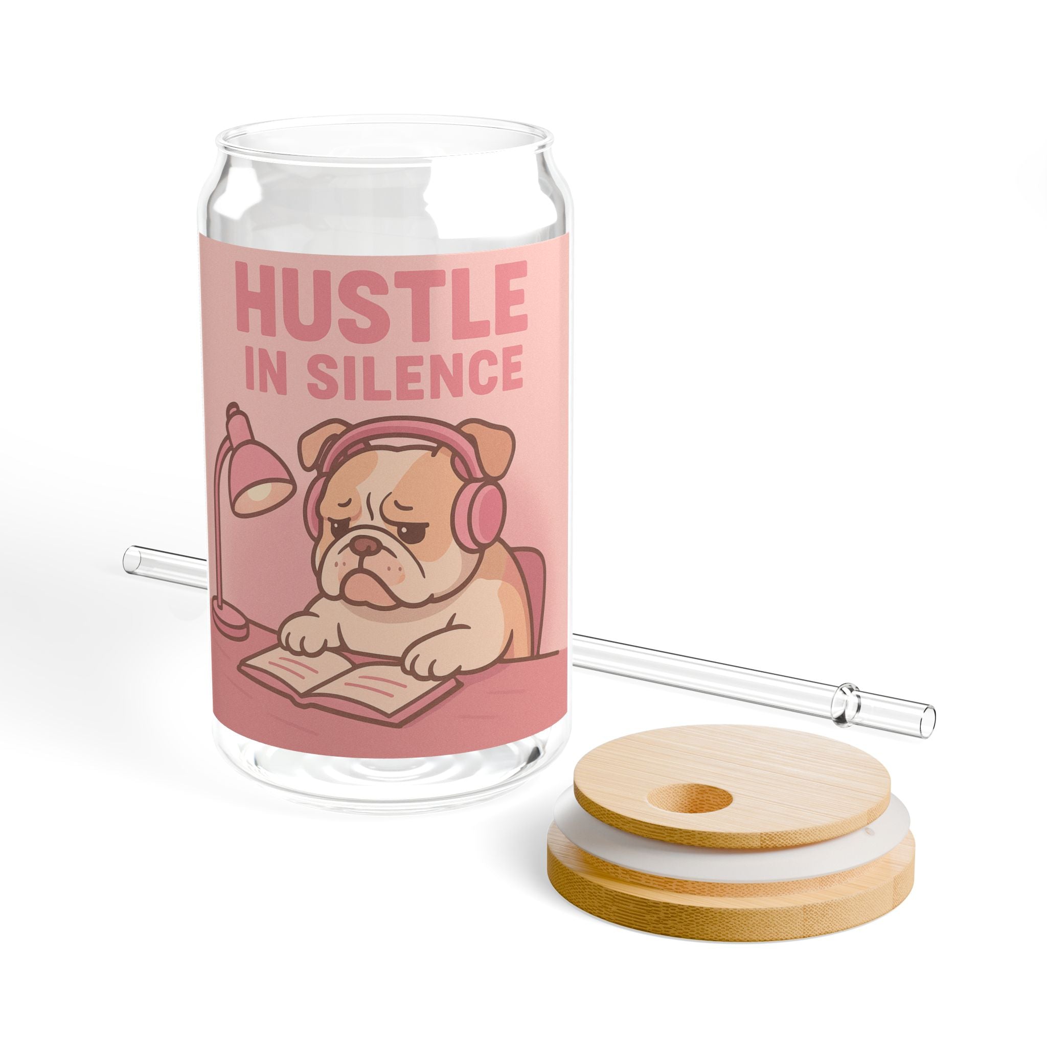 Hustle In Silence 16oz Glass Sipper – Cute Pug Study Motivation Tumbler