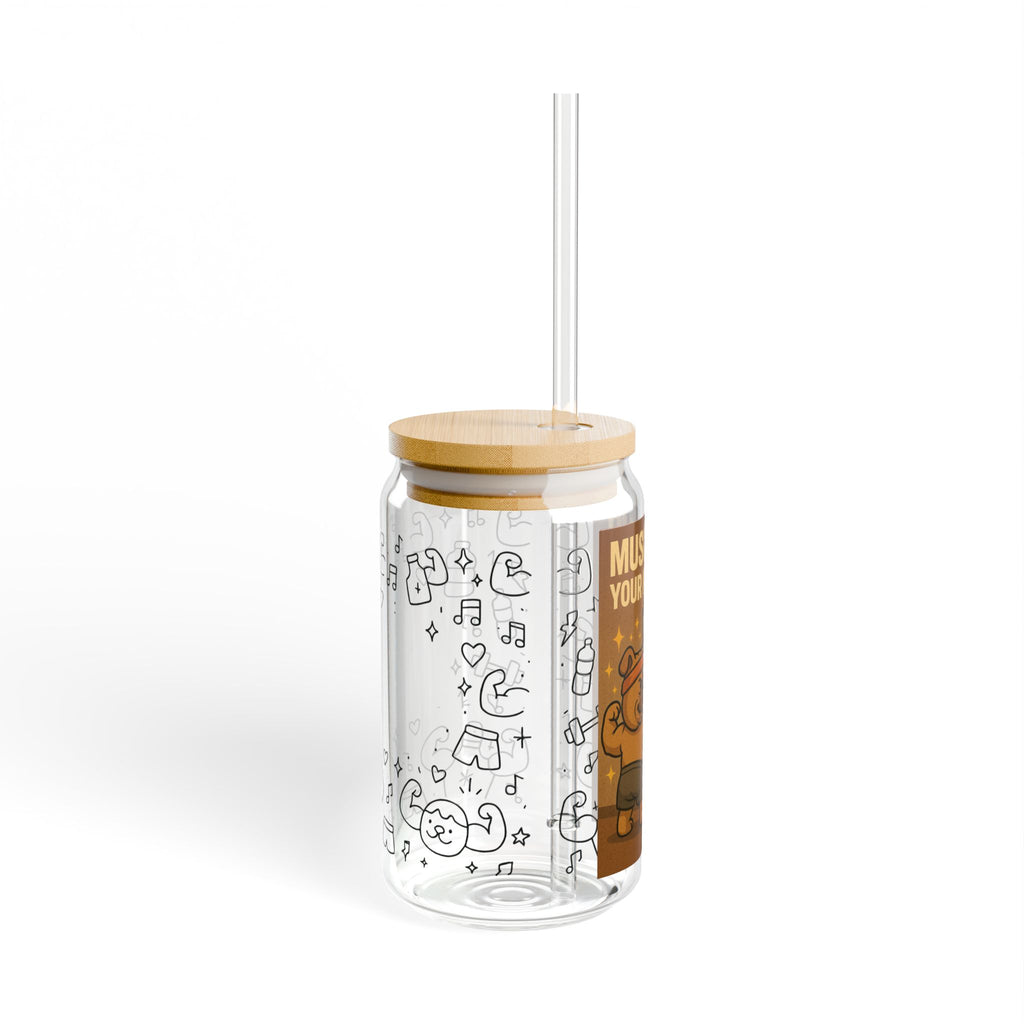 Muscle Up Your Mindset Sipper Glass, 16oz | Motivational Drinkware for Fitness Lovers, Cute Animal Design, Perfect Gift for Gym.