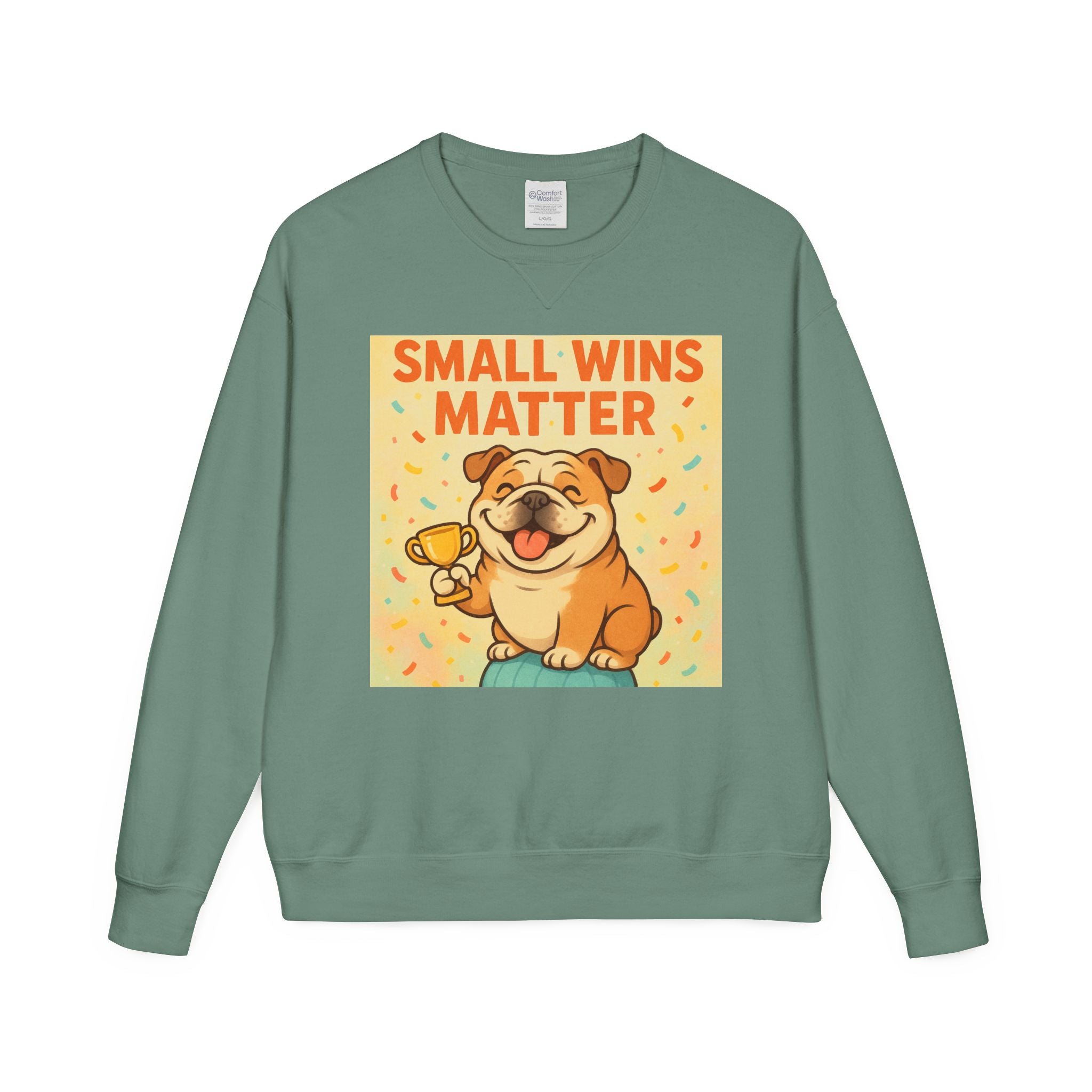 Celebrate Small Wins Sweatshirt, Cozy Crewneck Top for English Bulldog Lovers, Inspirational, Motivational Apparel, Ideal for Casual Days