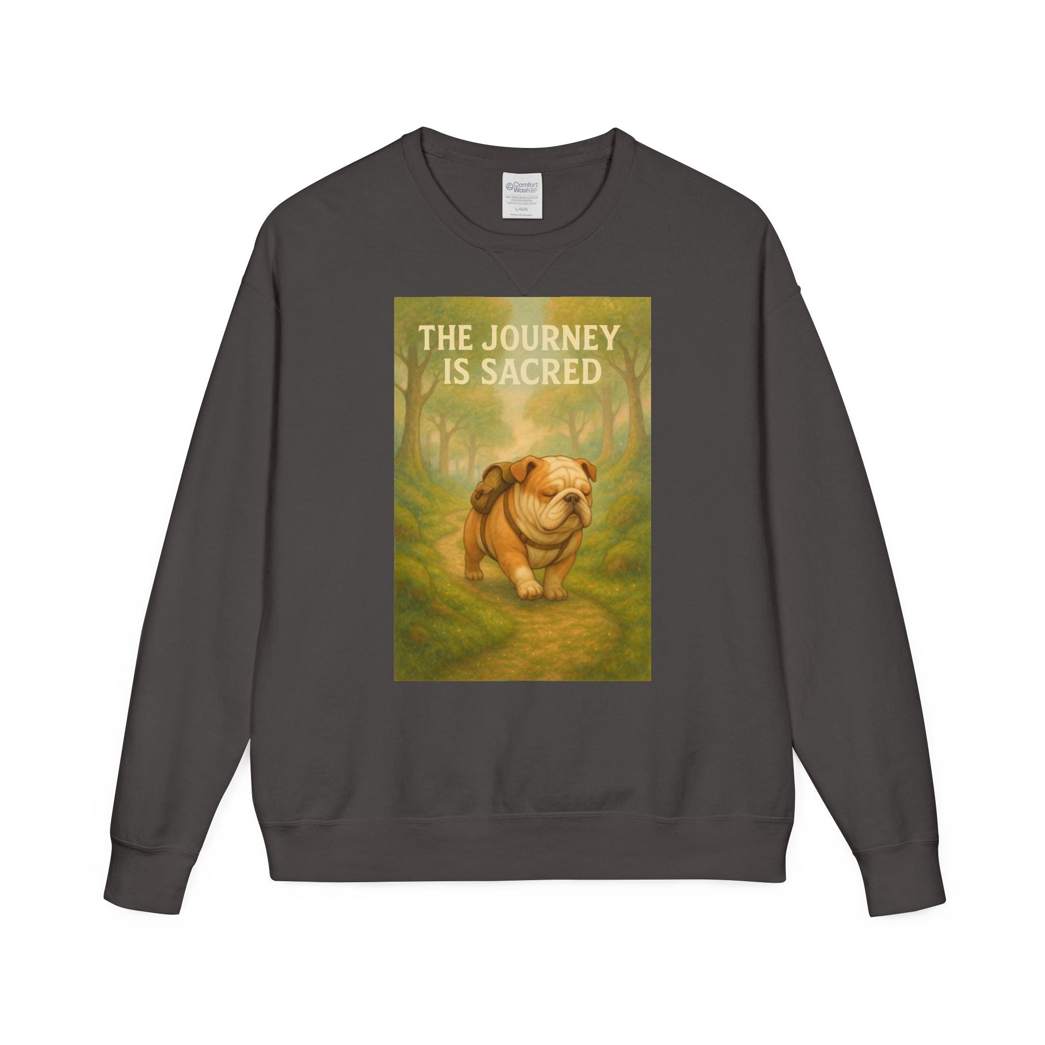 Journey is Sacred English Bulldog Sweatshirt, Unisex ComfortWash Crewneck, Cozy Dog Lover Gift, Nature Theme Apparel, Dog Owner Sweatshirt