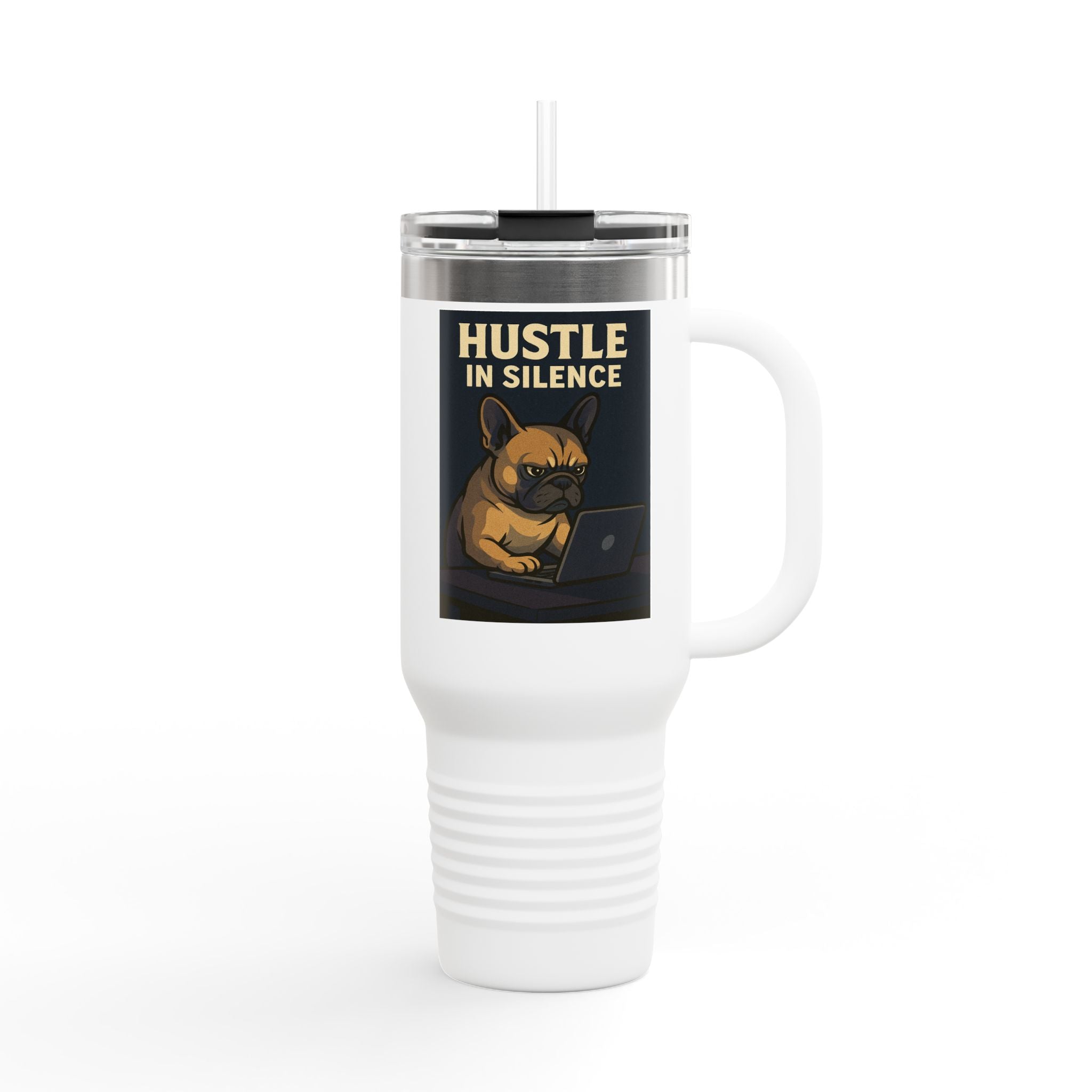 Hustle in Silence Insulated Travel Mug, 40oz - Bulldog Coffee Traveler, Dog Lover Gift,Office Mug, Inspirational Water Bottle, Motivational