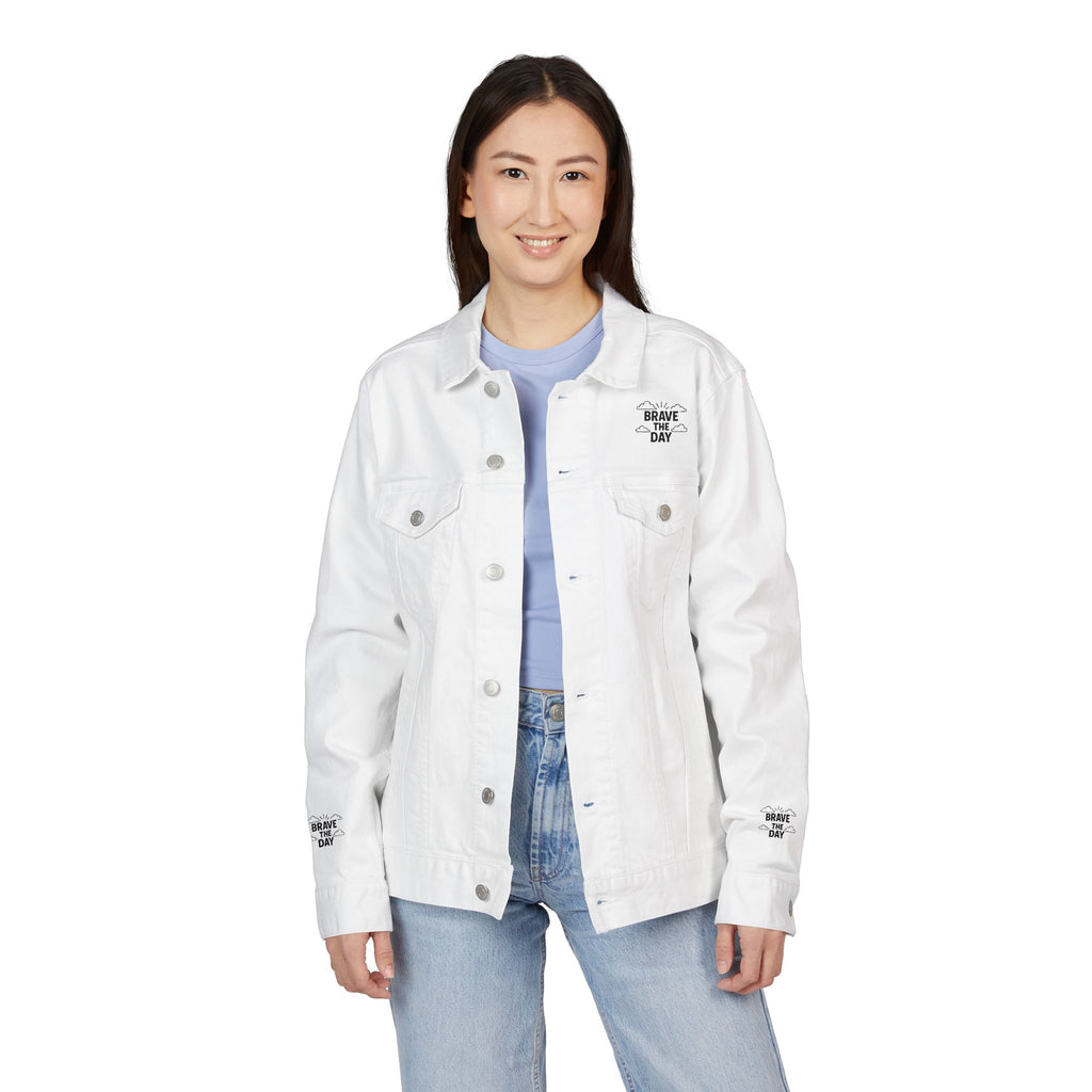 Embroidered Brave The Day Unisex Denim Jacket - Brave & Free Design, Stylish Outerwear, Spring Fashion, Gift for Him/Her, Casual Wear, Jacket with Meaning
