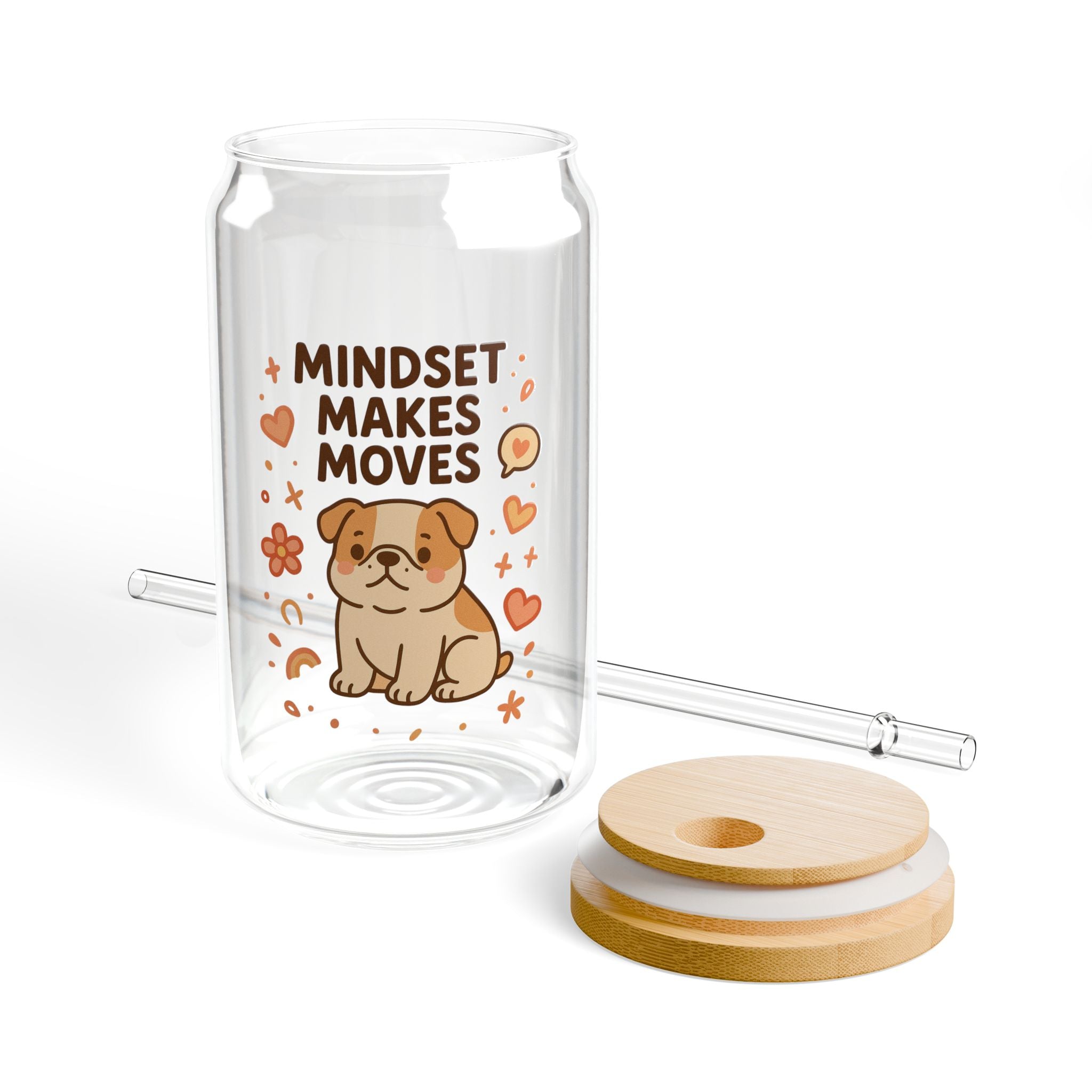 Mindset Makes Moves 16oz Sipper Glass – Cute Pug Motivational Drinking Tumbler