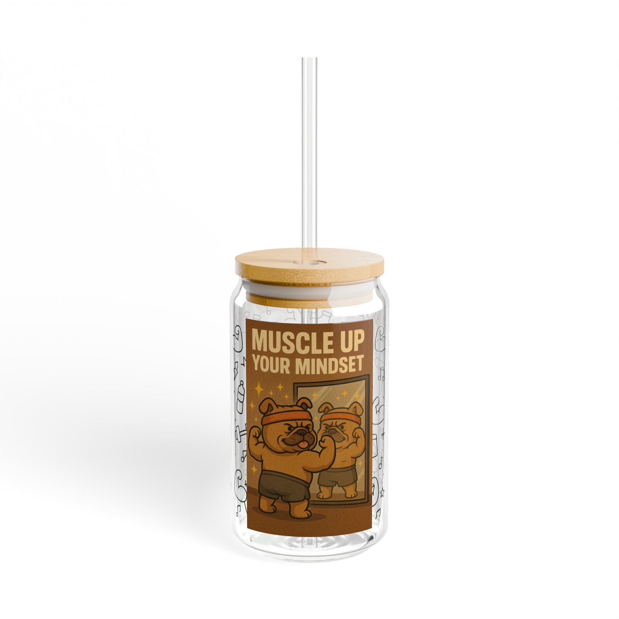 Muscle Up Your Mindset Sipper Glass, 16oz | Motivational Drinkware for Fitness Lovers, Cute Animal Design, Perfect Gift for Gym.