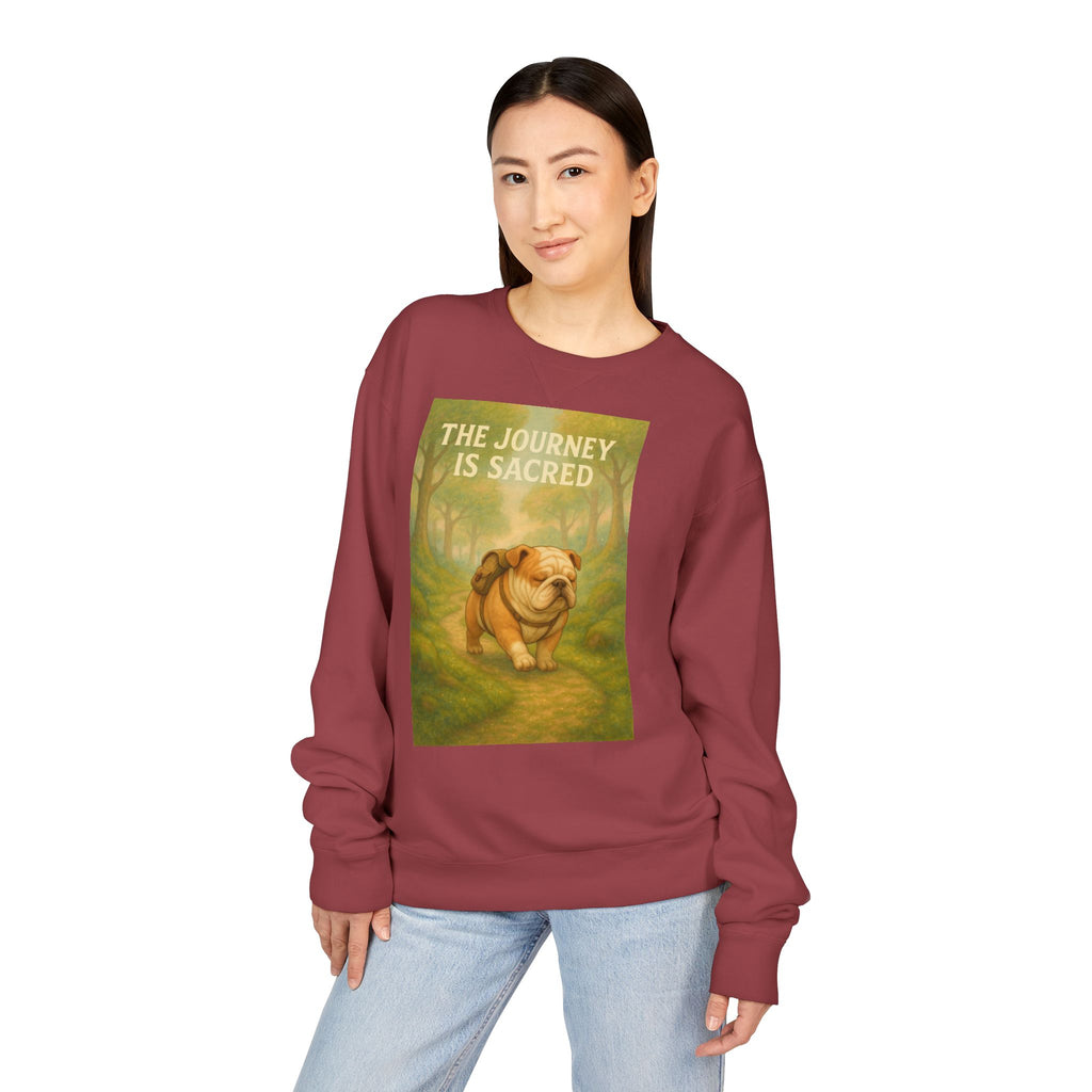 Journey is Sacred English Bulldog Sweatshirt, Unisex ComfortWash Crewneck, Cozy Dog Lover Gift, Nature Theme Apparel, Dog Owner Sweatshirt