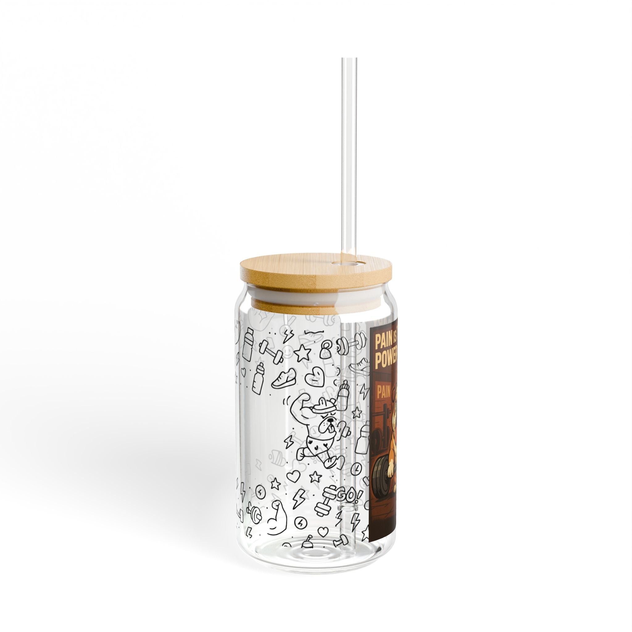 English Bulldog Pain is Temporary.Power is Forever Sipper Glass, 16oz: Cute Dog,Workout,Fitness, Gift for Gym Lovers,Inspirational Drinkware