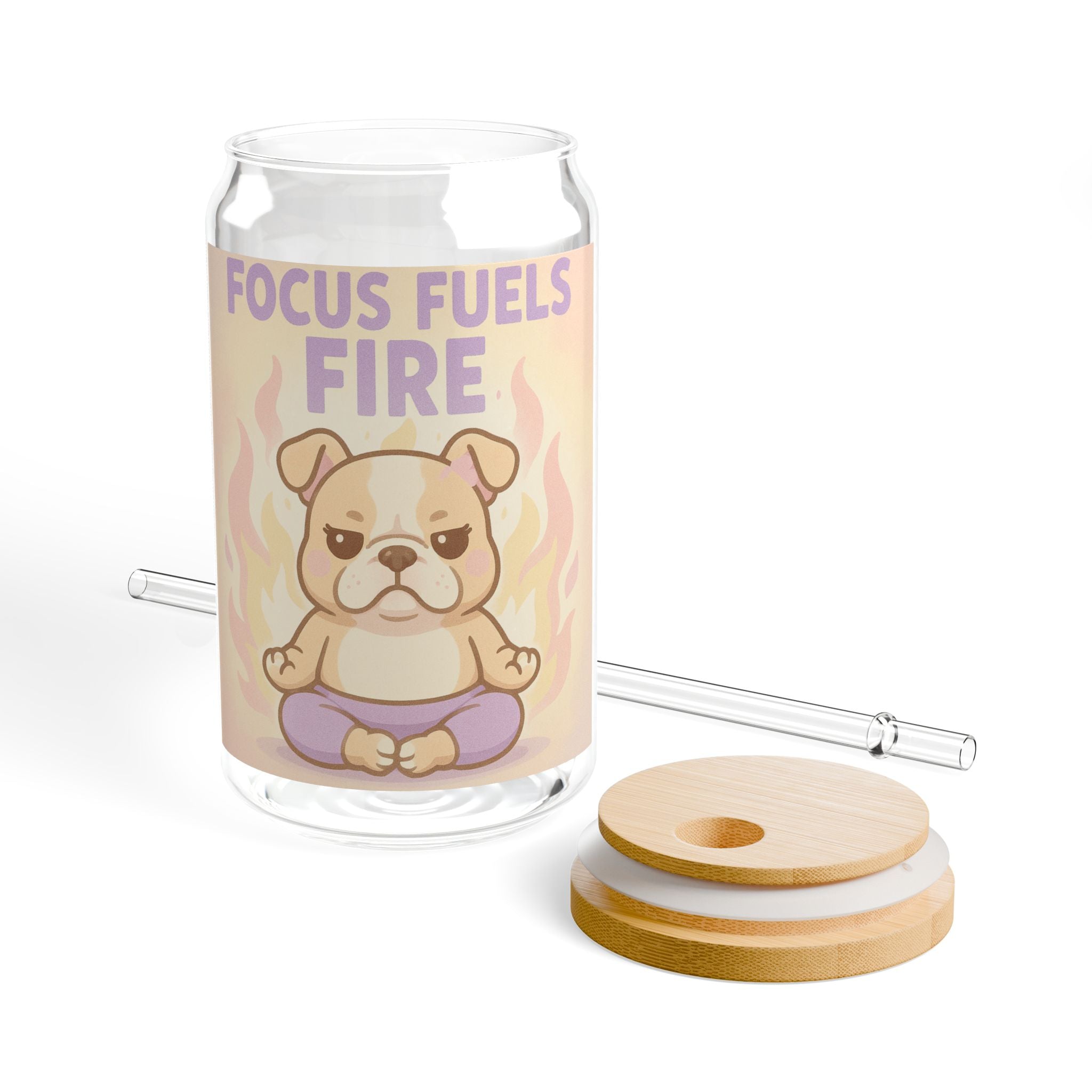 Meditating Bulldog 16oz Glass Sipper "Focus Fuels Fire" Motivational Drinkware