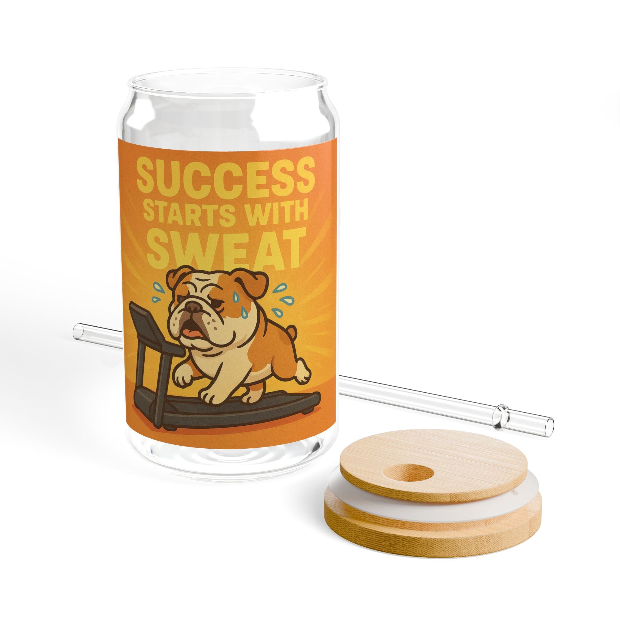 Sipper Glass “Success Starts With Sweat” Bulldog Fitness Drink Jar