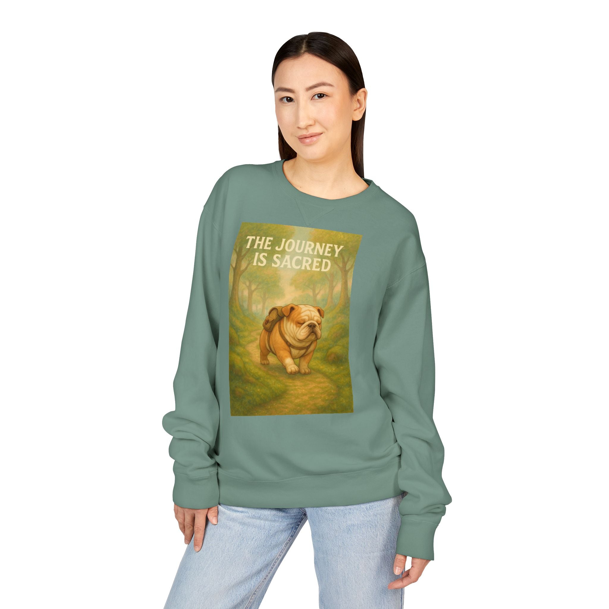 Journey is Sacred English Bulldog Sweatshirt, Unisex ComfortWash Crewneck, Cozy Dog Lover Gift, Nature Theme Apparel, Dog Owner Sweatshirt