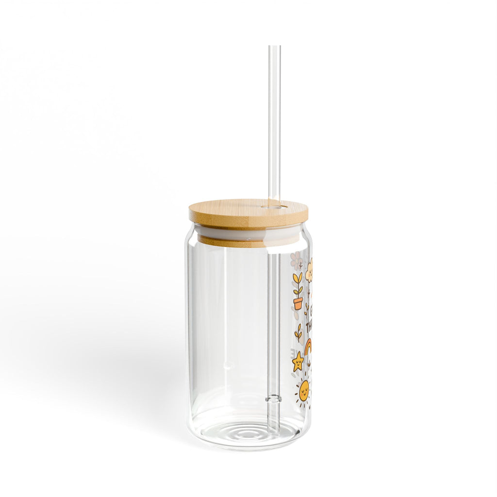 Grow Through It 16oz Glass Sipper with Bamboo Lid & Straw Inspirational Floral Drink Cup