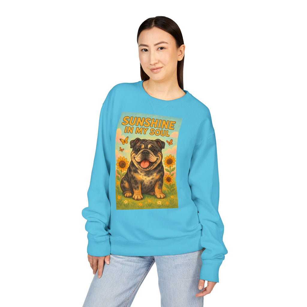 Sunshine in My Soul Sweatshirt, Cozy Unisex Crewneck, English Bulldog Lover Gift, Cute Pet Apparel, Vintage Floral Sweatshirt
