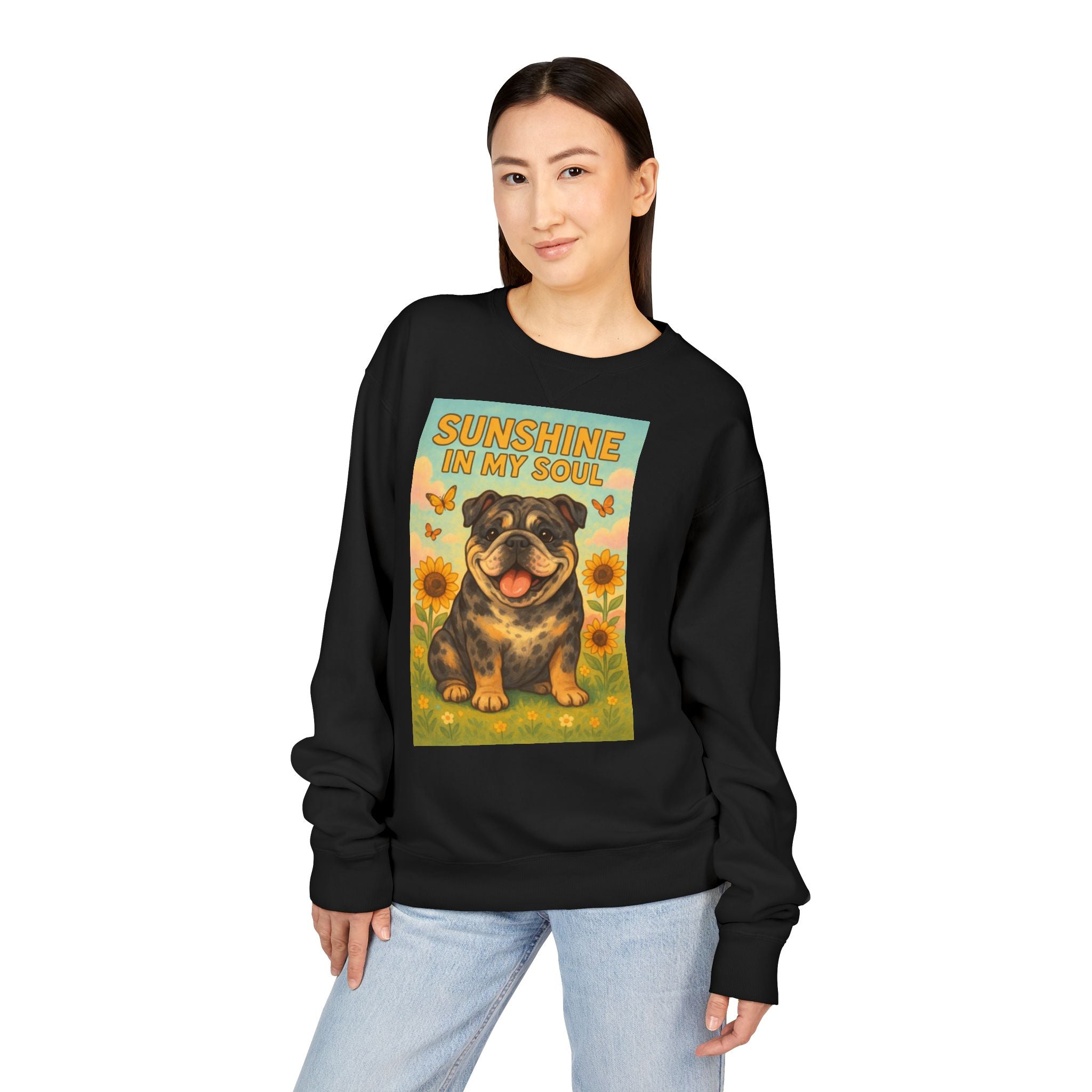Sunshine in My Soul Sweatshirt, Cozy Unisex Crewneck, English Bulldog Lover Gift, Cute Pet Apparel, Vintage Floral Sweatshirt