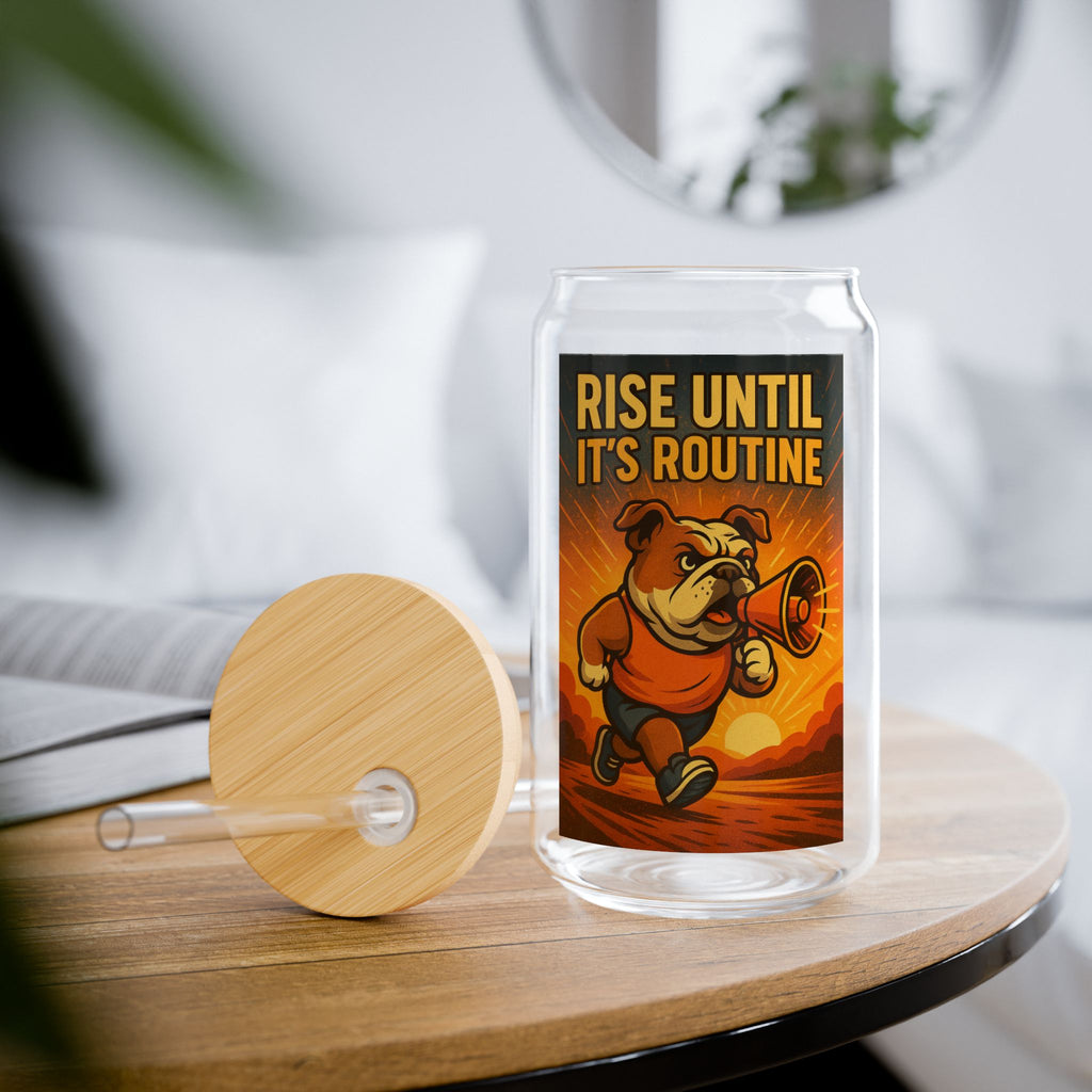 Sipper Glass "Rise Until It's Routine" Motivational Bulldog Fitness Drink Tumbler, 16oz