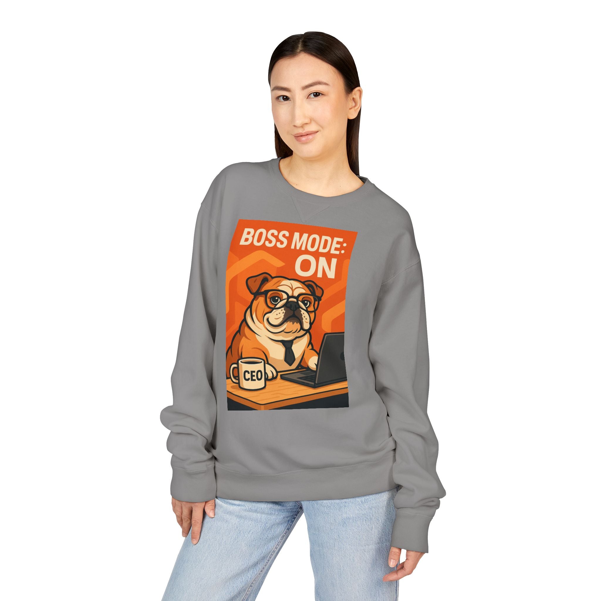 Funny English Bulldog Sweatshirt, Boss Mode Crewneck, Pet Lover Gift, Casual Wear, Unisex Sweater, Dog-Themed Apparel